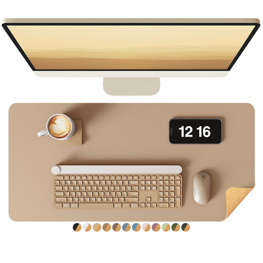 YSAGi Double-Sided Desk Pad, Leather Desk Mat, Eco Cork Desk Pad Protector, Large Mouse Pad for Desk, Waterproof Desk Blotter Pad, Writing Pad for Office/Home(23.6"x13.7",Apricot)
