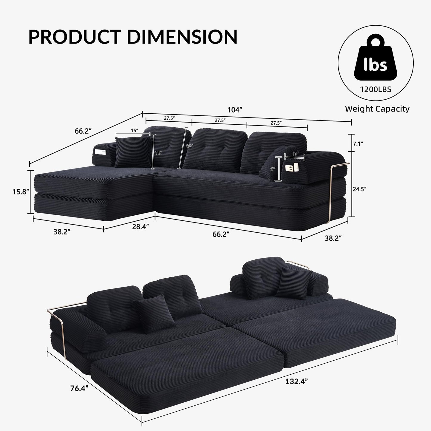 YasuSoofa Boneless Sectional Couch with Chaise, Convertible L-Shape Floor Sleeper with High Headrest, Modular Sofa Bed for Living Room Apartment, No Assembly, Gray