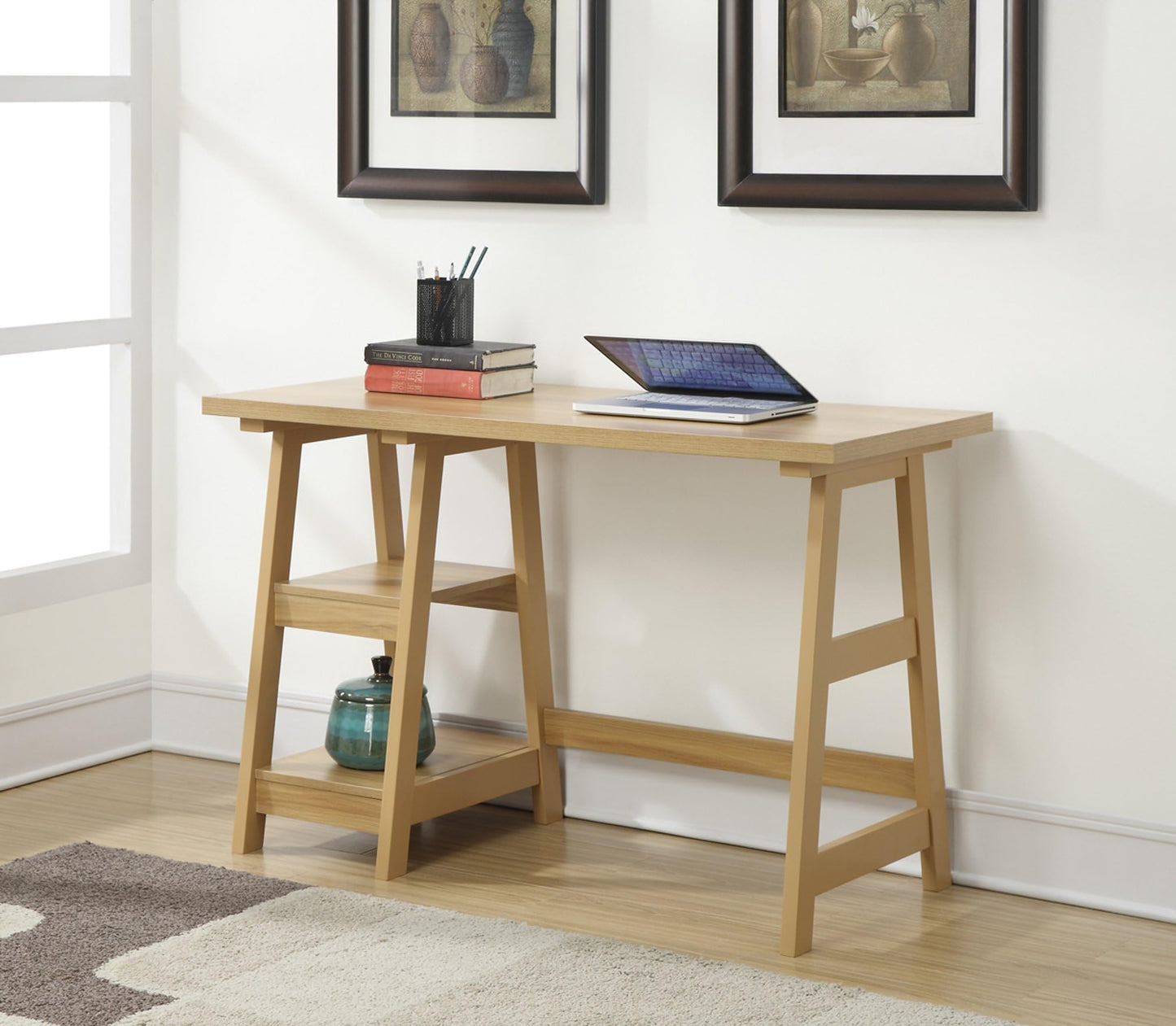 Convenience Concepts Designs2Go Trestle Desk 47" - Modern Desk or Vanity with Shelves, for Office, Den, Dorm, Living Room, Light Oak