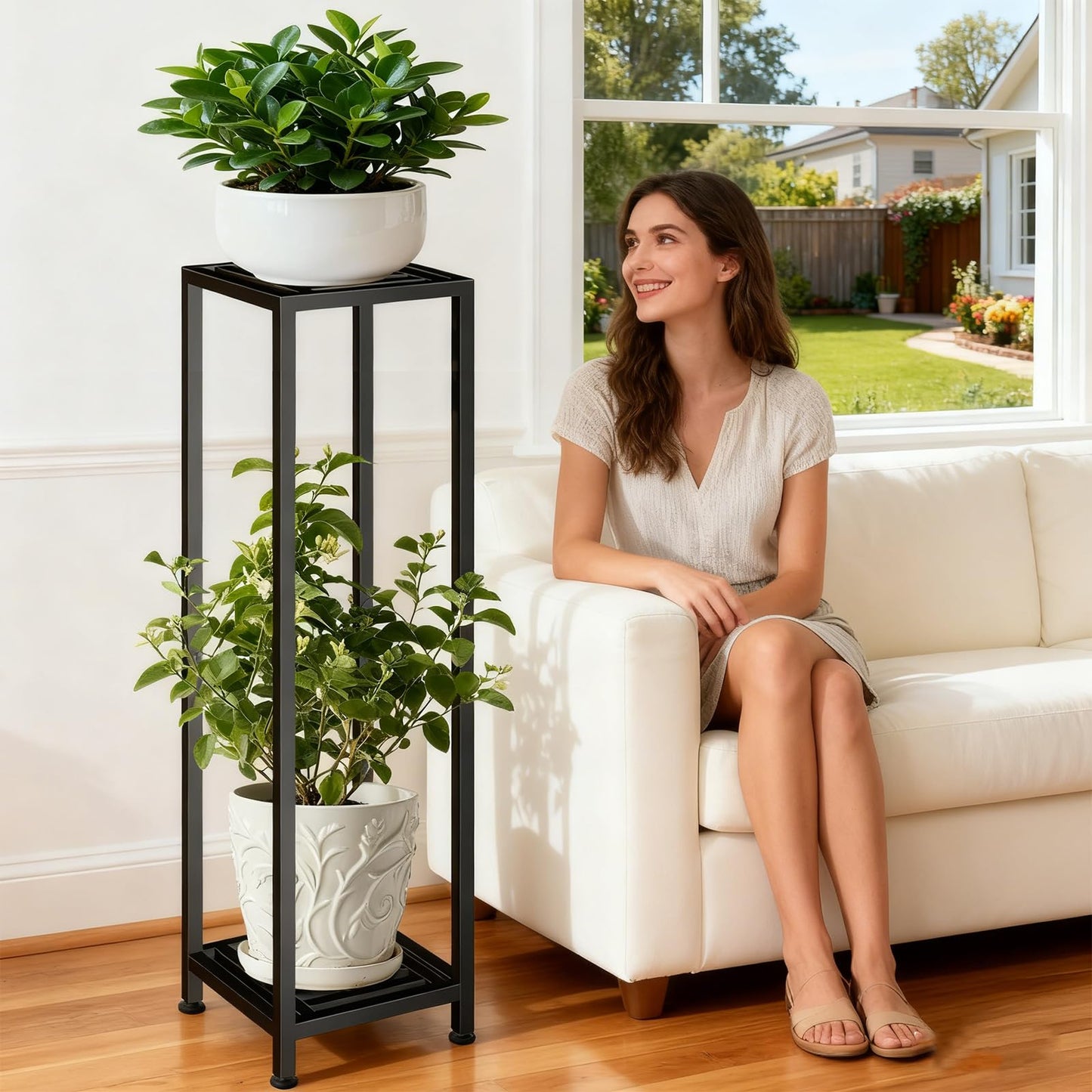 LUBORN Plant Stand Indoor Outdoor, 41'' Tall Wrought Iron Plant Stands, 2 Tier Heavy Duty Metal Pedestal Stand Decorative Flower Stand for Patio Garden Deck Living Room