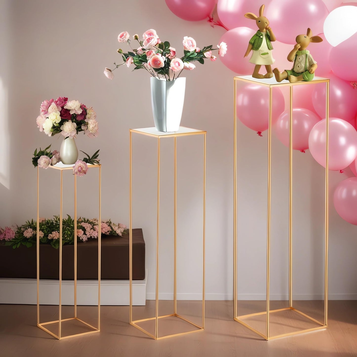 Kapaga 3pcs Gold Metal Plant Stand, Cylinder Pedestal Stands for Parties, Metal Plant Columns Pedestal Stands for Display, Square Cylinder Columns tables for Weddings Cake Stand Floor Plant Tables
