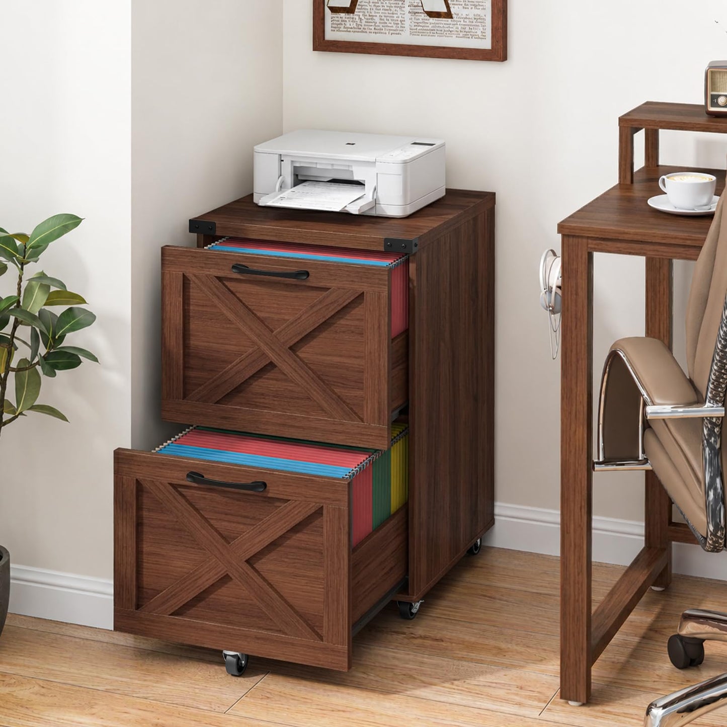 Halitaa 2 Drawer Small File Cabinet with Wheels, Farmhouse Vertical Filing Cabinet Fits A4/Letter Size, Under Desk Rolling File Cabinets for Home Office, Wooden Printer Stand, Walnut