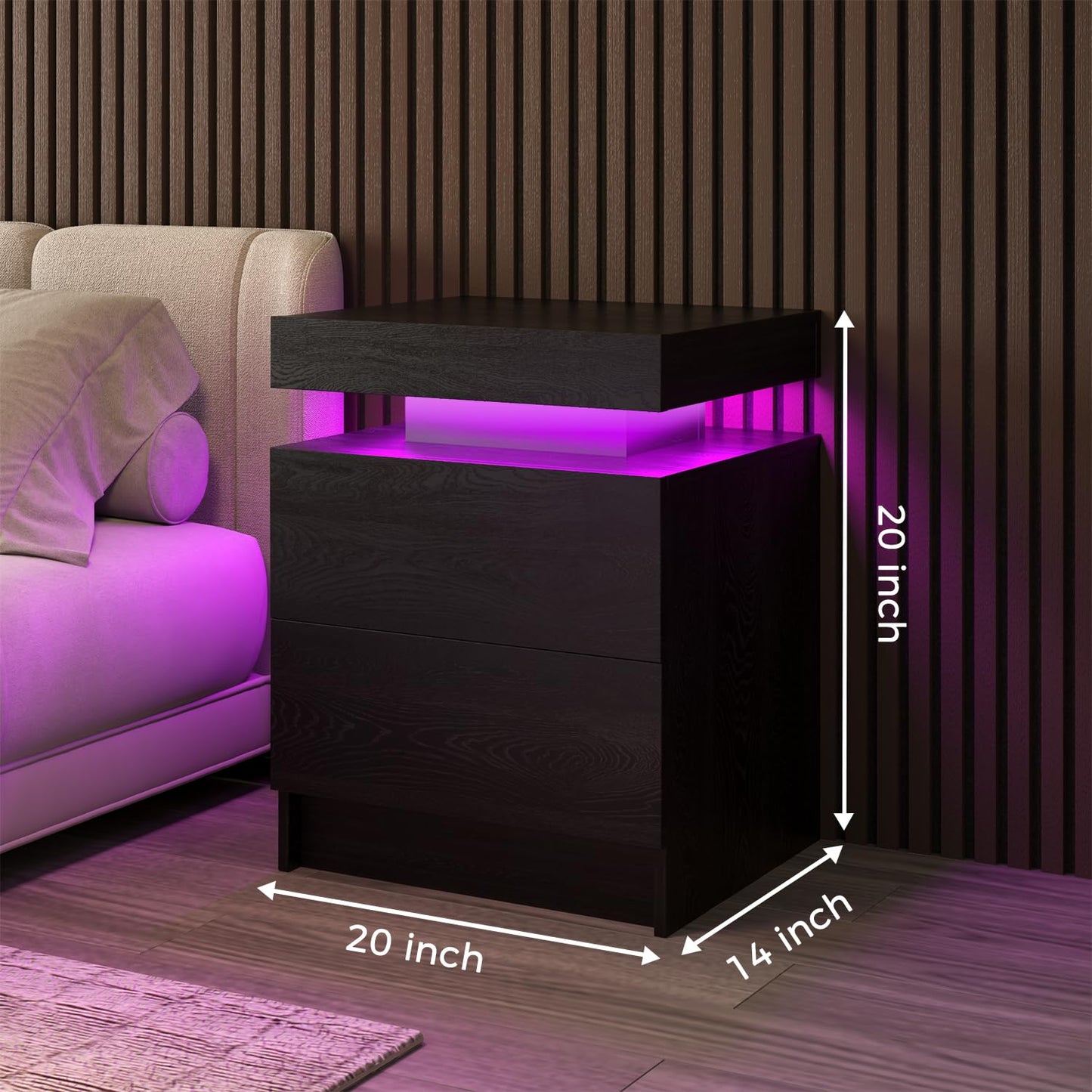 SMORBOSS LED Nightstands Set of 2, Modern Black Night Stand End Tables with APP & Remote Control LED Lighting, 2 Drawers, Open Shelf Storage, Bedside Tables for Bedroom and Living Room