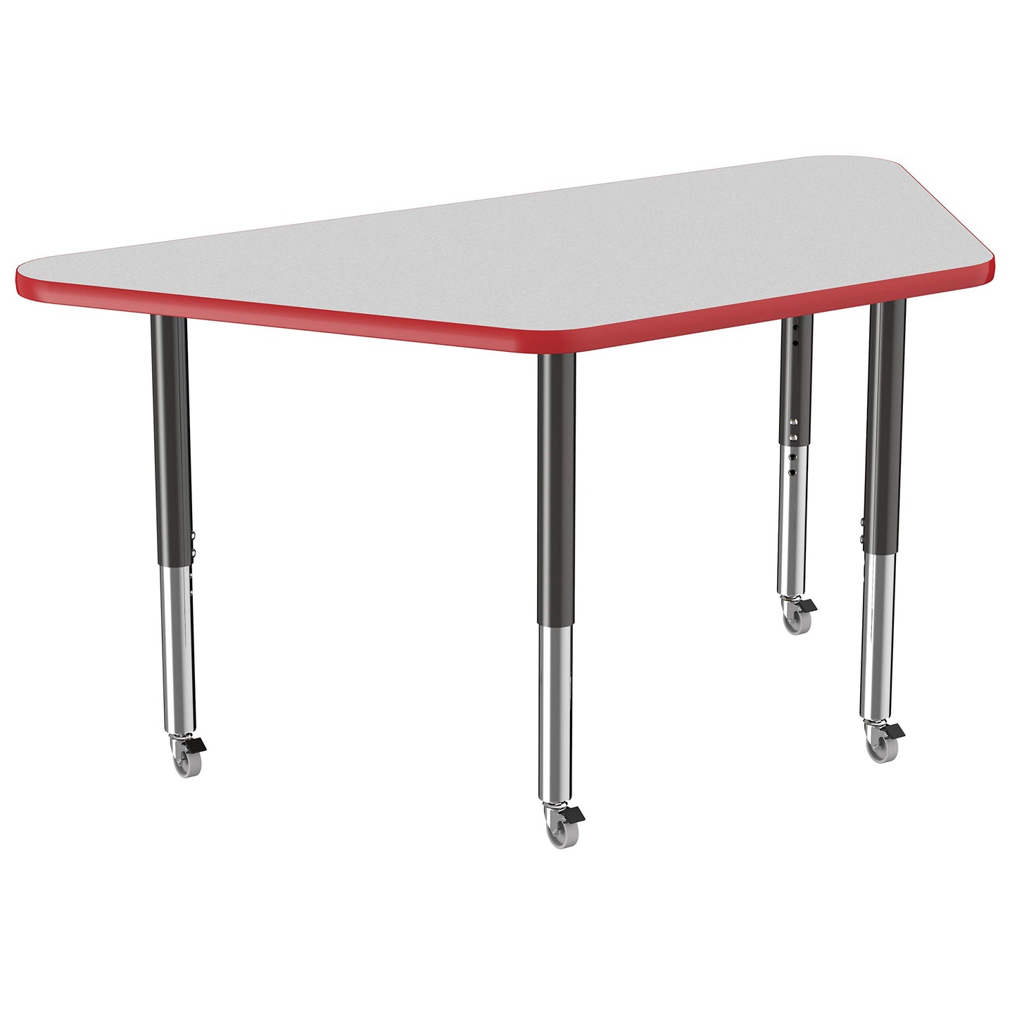 FDP Mobile Trapezoid Activity School and Office Table (30 x 60 inch), Super Legs with Glides and Casters for Collaborative Environments, Adjustable Height 19-30 inches - Gray Top and Red Edge