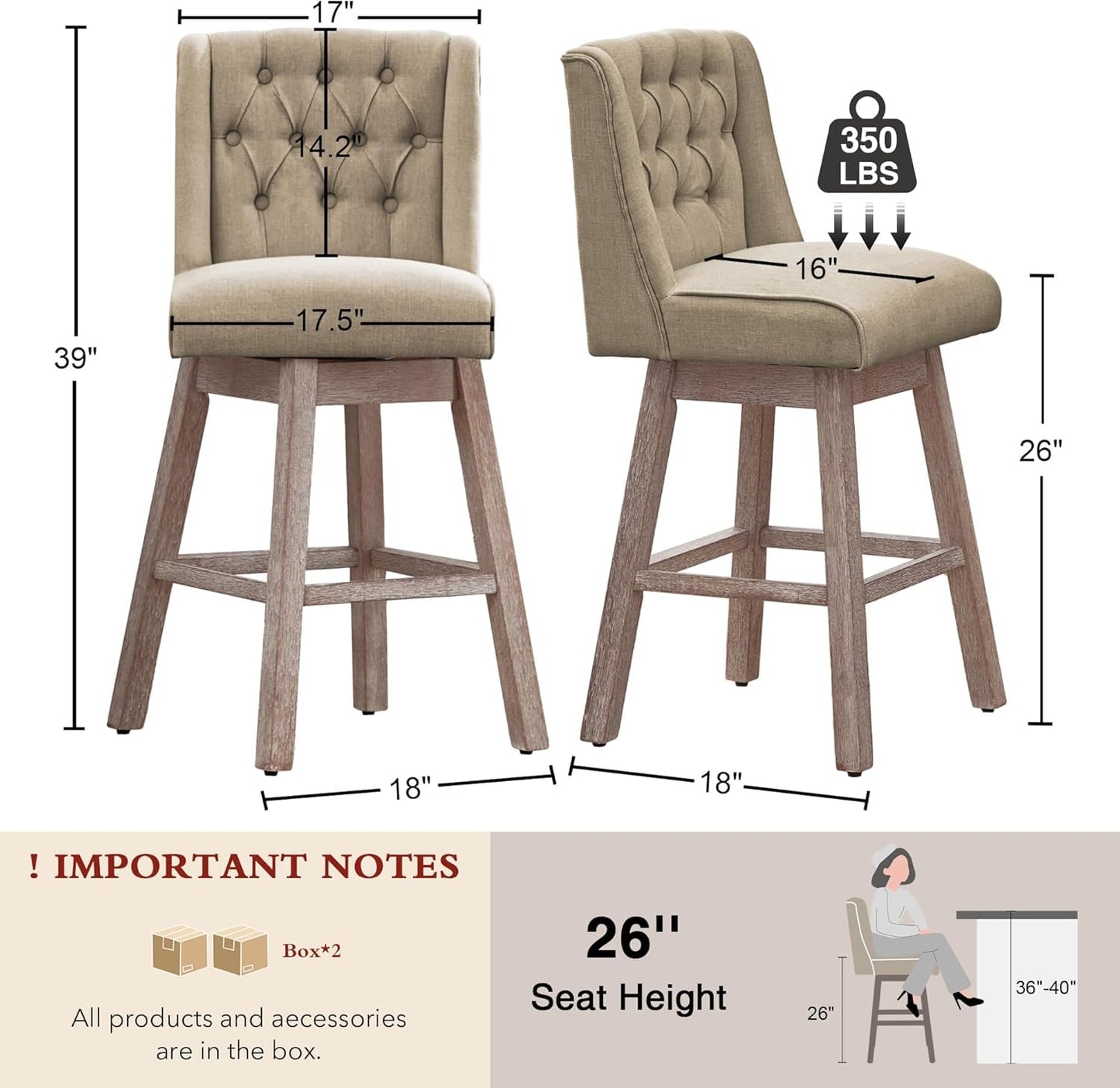 UDAX 26" Swivel Bar Stools Set of 4, Counter Height Barstools with Back, Linen Fabric Upholstered Bar Stools, Modern Barstools Wood Legs for Kitchen Island Dining Room Bar (Brown, 4PCS-26in)