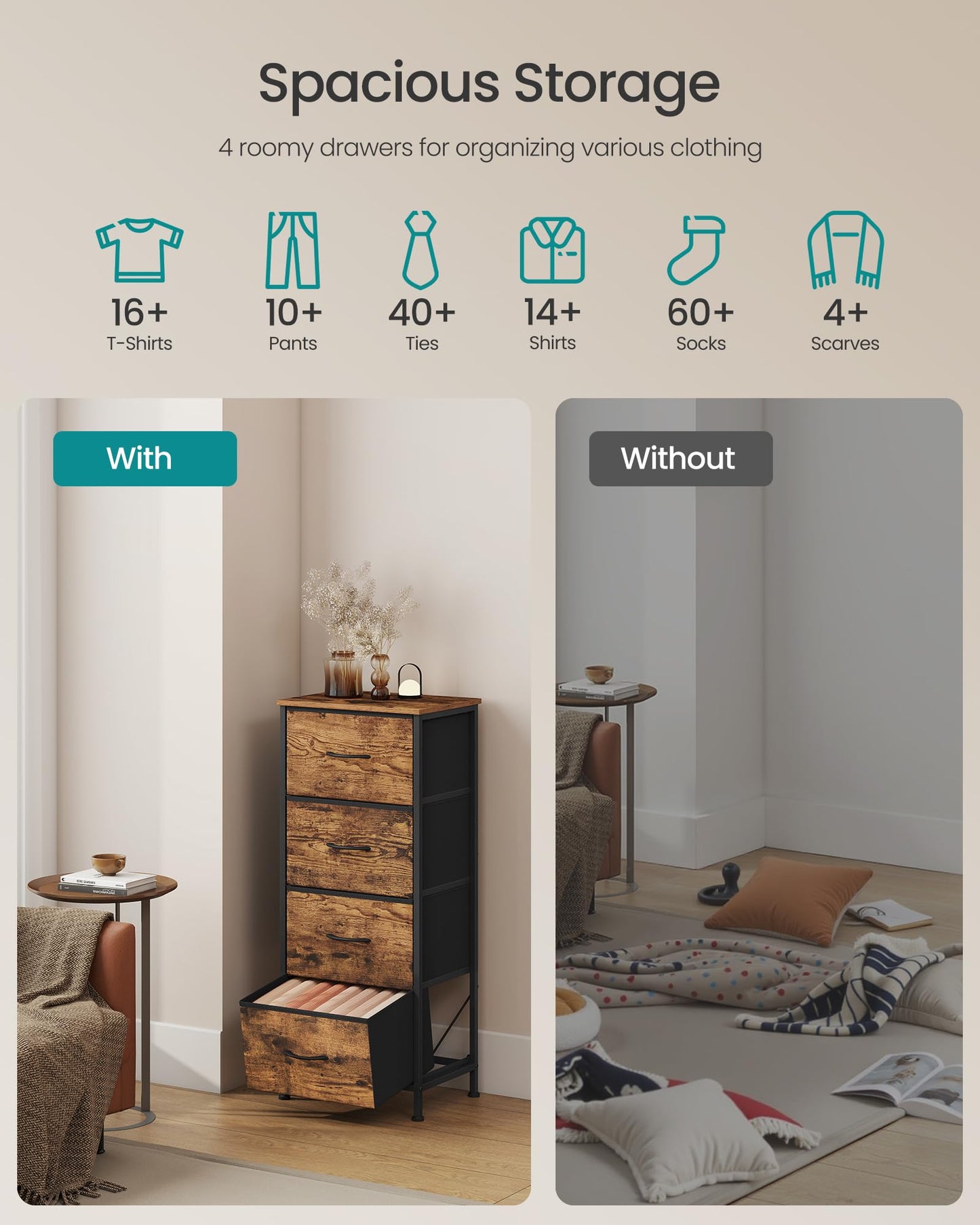 SONGMICS Dresser for Bedroom, Chest of Drawers, Steel, MDF, 4 Non-Woven Fabric Drawers, Storage Organizer Unit, Closet, Entryway, Rustic Brown and Ink Black ULGS314B02S