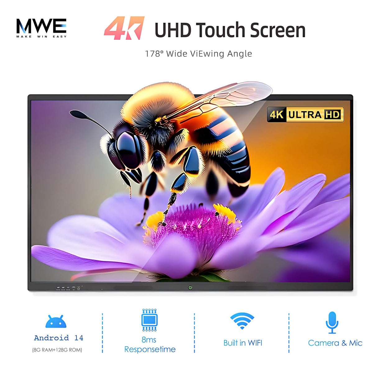 QIXZOCV 86" Smart Board, 4K Interactive Whiteboard, 20-Point Touch Screen, Android 14, 8GB & 128GB, Screen Sharing, Bluetooth/WiFi/HDMI, All-in-One Meeting & Education Solution (Wall Mount Included)