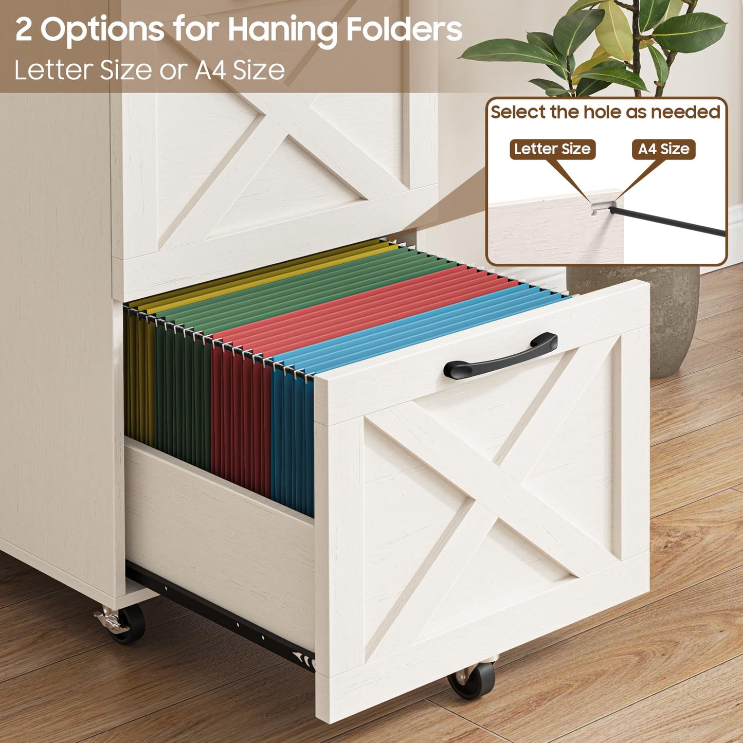 Halitaa 2 Drawer Small File Cabinet with Wheels, Farmhouse Vertical Filing Cabinet Fits A4/Letter Size, Under Desk Rolling File Cabinets for Home Office, Wooden Printer Stand, Rustic White