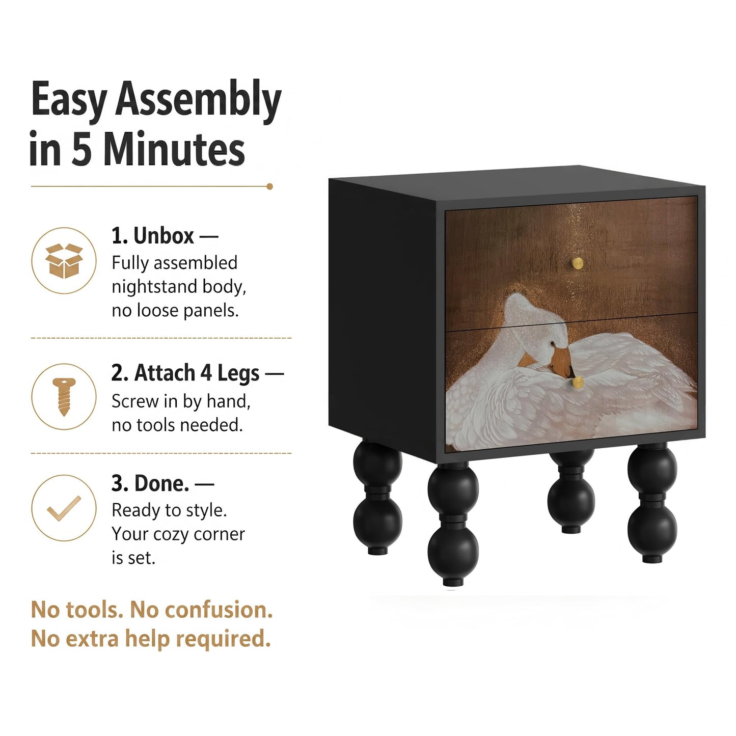 Pine Wood Art Panel Nightstand with Swan Art Pattern, 2 Drawer Turned Legs Bedside Table, Easy Assembly Artistic Bedroom Storage Cabinet