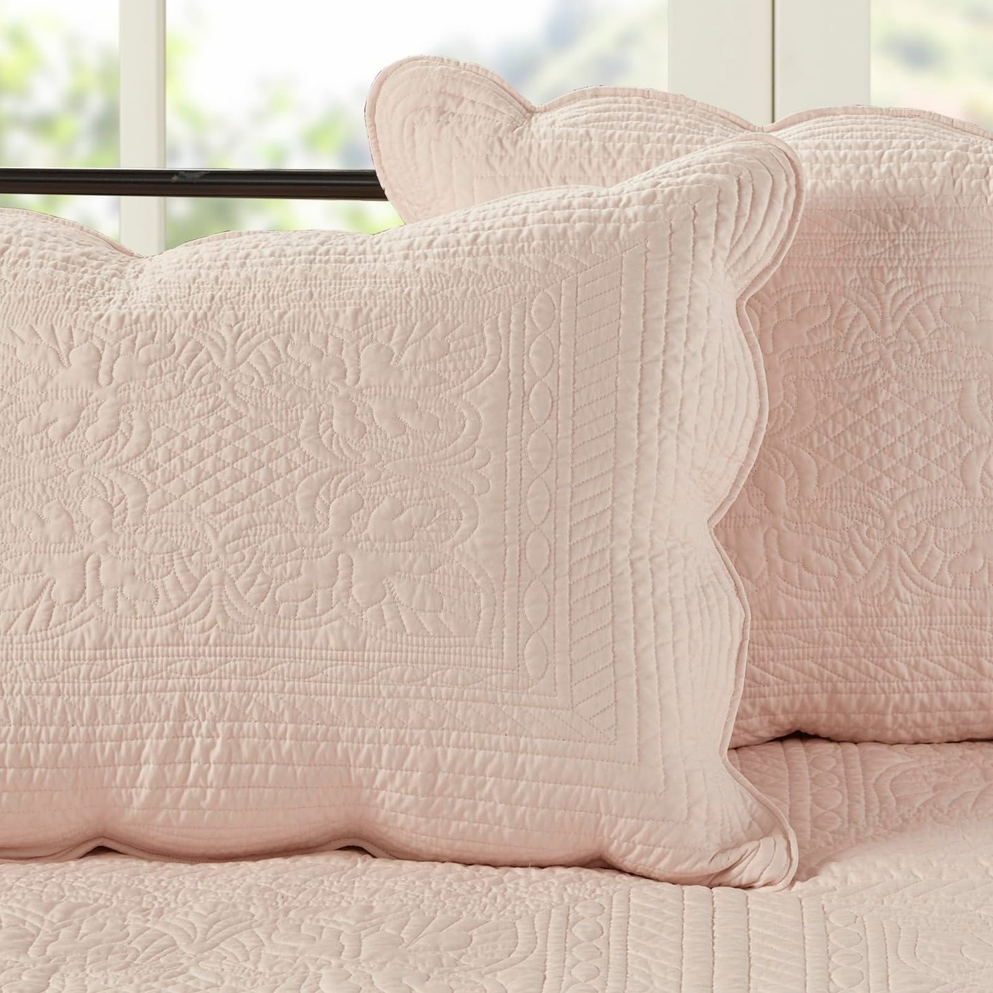 Madison Park Daybed Cover Set-Trendy Damask Quilting with Scalloped Edges All Season Luxury Bedding with Bedskirt, Matching Shams, Decorative Pillow, 75"x39", Tuscany Blush, 6 Piece