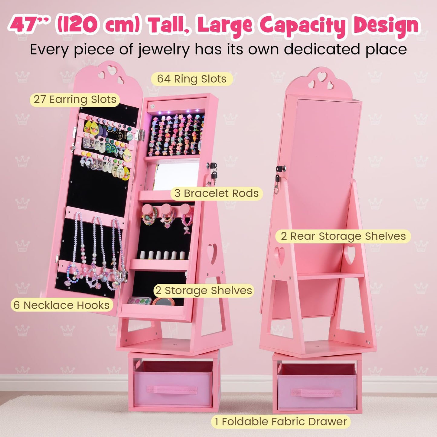 INFANS Kids Jewelry Armoire Cabinet, 360° Swivel Lockable Standing Makeup Organizer with Interior Lights, Rotatable Full-Length LED Vanity Mirror with Foldable Fabric Drawer for Girls