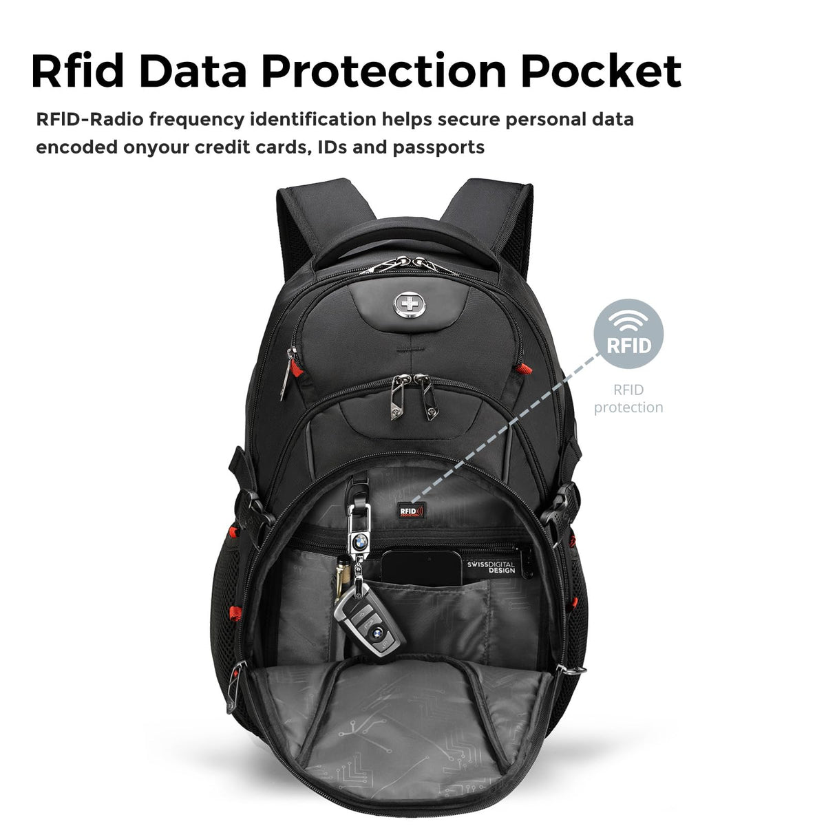 Swissdigital Design Laptop Backpack with USB Charging Port, Travel Backpack Fits 15.6 inches Computer, 31L College School Backpack for Men, Black | SD803-01