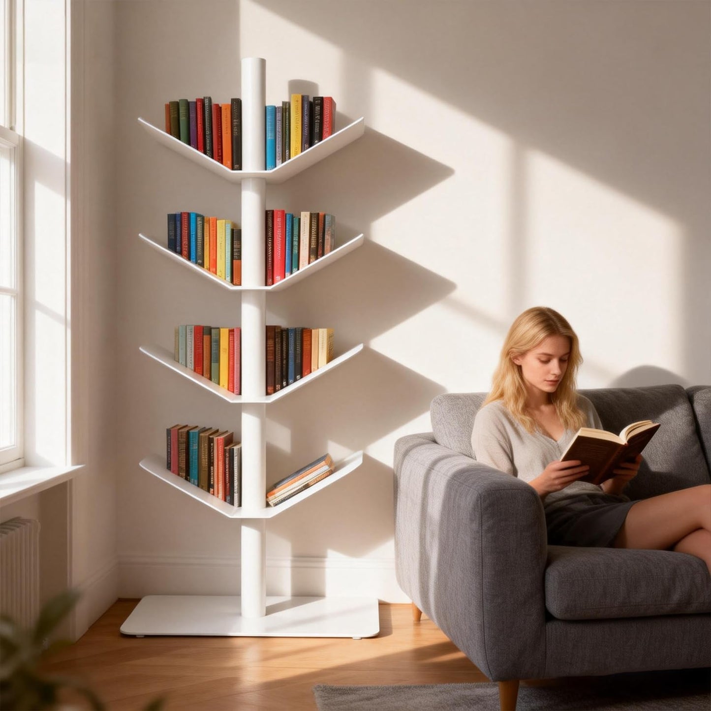 Luttasa 5 Tier Metal Spine Bookshelf Tower, Metal Vertical Bookshelf Display Shelf for Collectibles, Fgures, for Study Room, Living Room, Office, Bedroom (White, 5 Tier(V-Shaped))