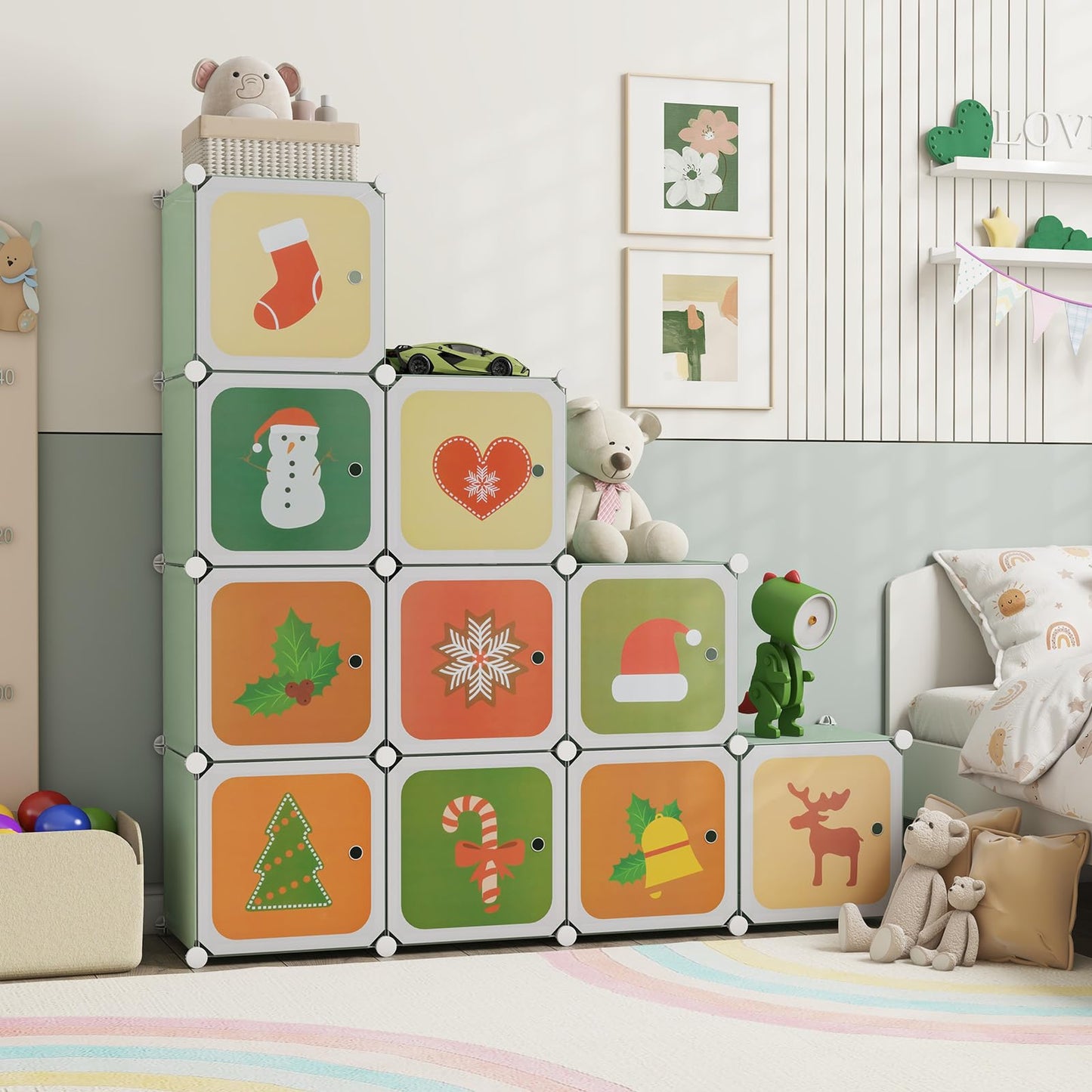 HONEY JOY Kids Wardrobe Closet, Baby Cartoon Clothes Storage Organizer, 12 Cubes & 2 Hanging Sections, Portable Children DIY Modular Bedroom Armoire Dresser Cabinet for Boys Girls (Green)