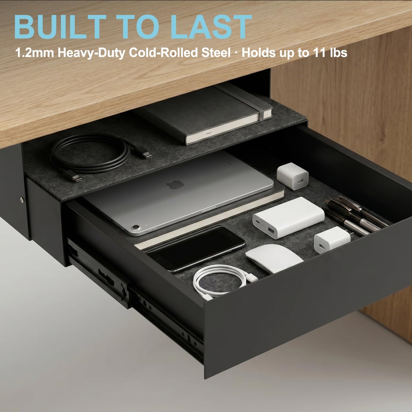 ERGO COLLECT Under Desk Lockable Drawer, Slide-Out Storage Organizer with Full Extension Ball-Bearing Slides, Carbon Steel Undermount Drawer for Home Office Standing Desk, Black, 13.8 Inch