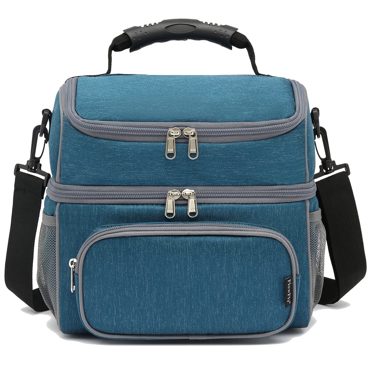 FlowFly Double Layer Cooler Insulated Lunch Bag Adult Lunch Box Large Tote Bag for Men, Women, With Adjustable Strap,Front Pocket and Dual Large Mesh Side Pockets,Lake Blue