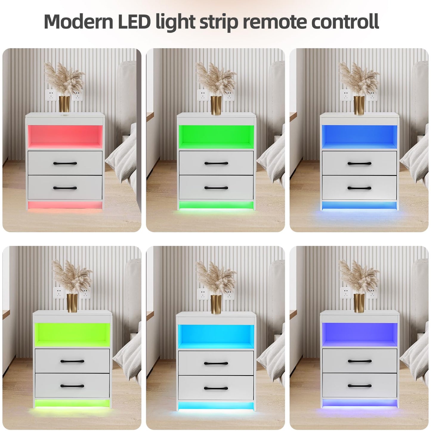 ansefe Night Stand with Charging Station and Ambient Light, LED Nightstand with USB-C Ports and Outlets, Morden Bedside Table with 2 Drawers and Open Compartment, End Table for Bedroom, White