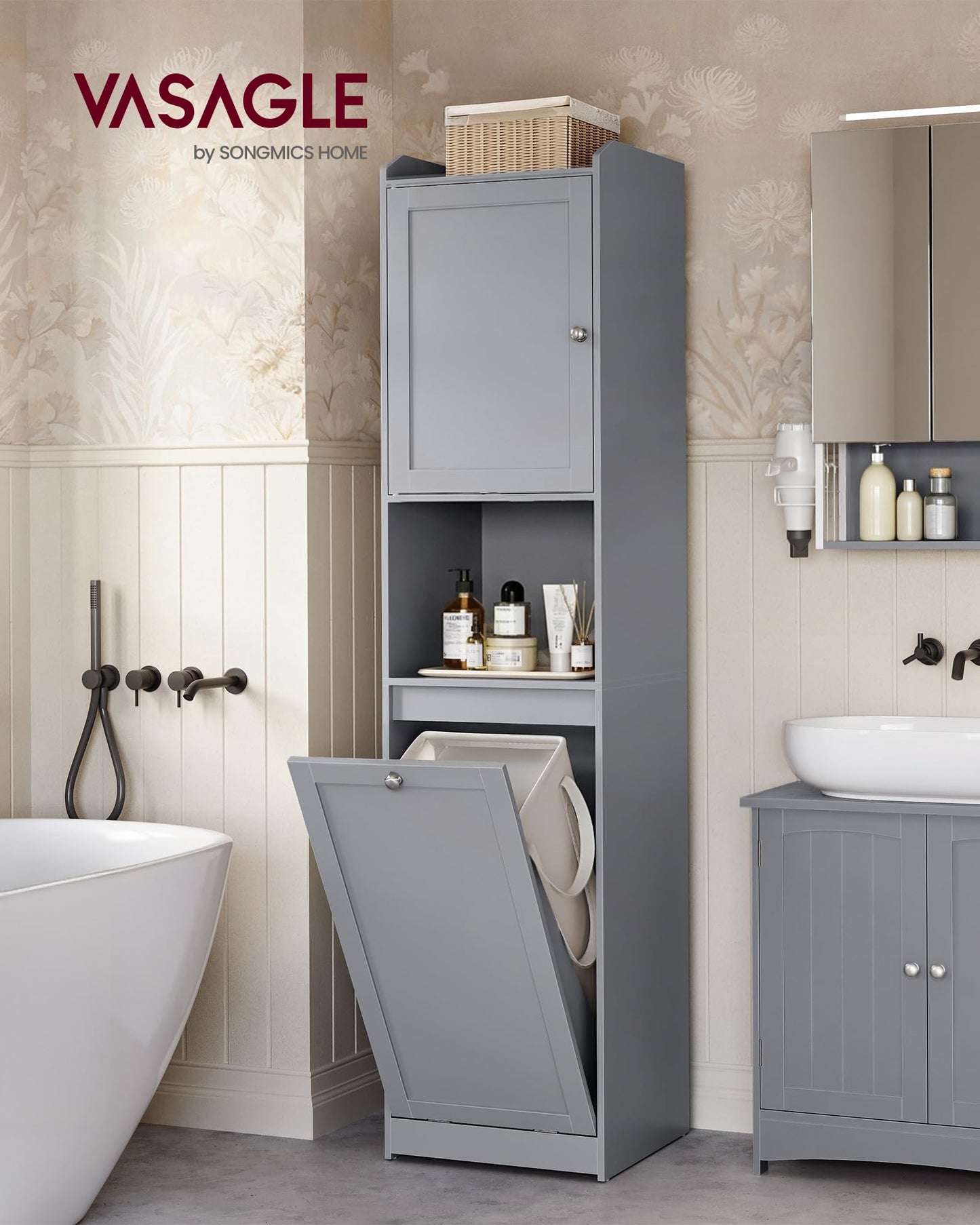 VASAGLE Tall Storage Cabinet, Storage Unit with Removable Laundry Basket, Compartment and Cabinet, for Bathroom, Living Room, 15.8 x 15.8 x 66.9 Inches, Dove Gray UBBC761G02