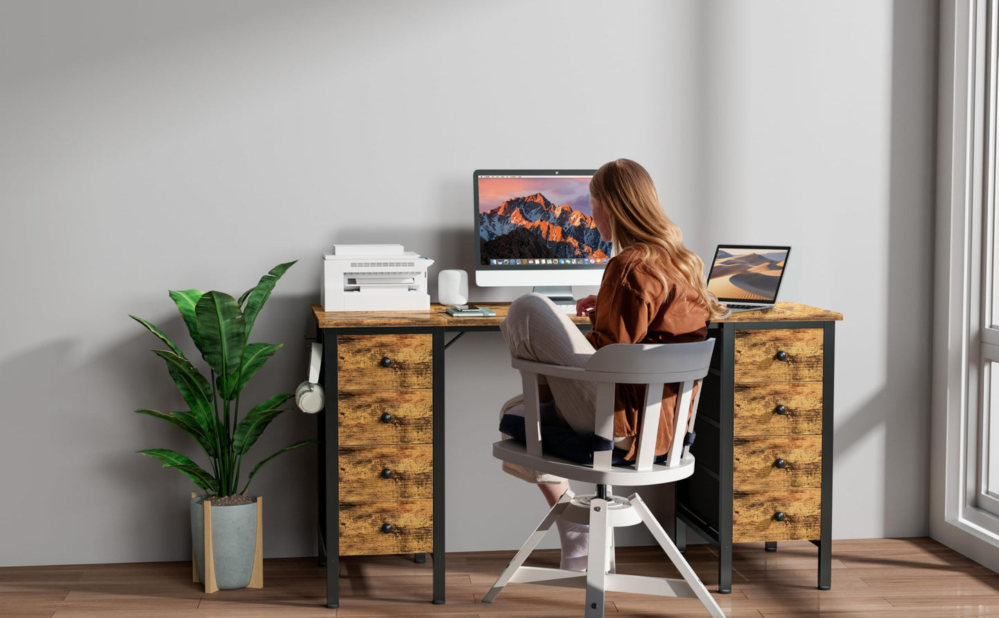 DLisiting Home Office Desk with Drawers for Storage - 55 inch Computer Desk with 8 Fabric Drawer, Writing Study Work Desks with Drawers on Both Sides for Bedroom