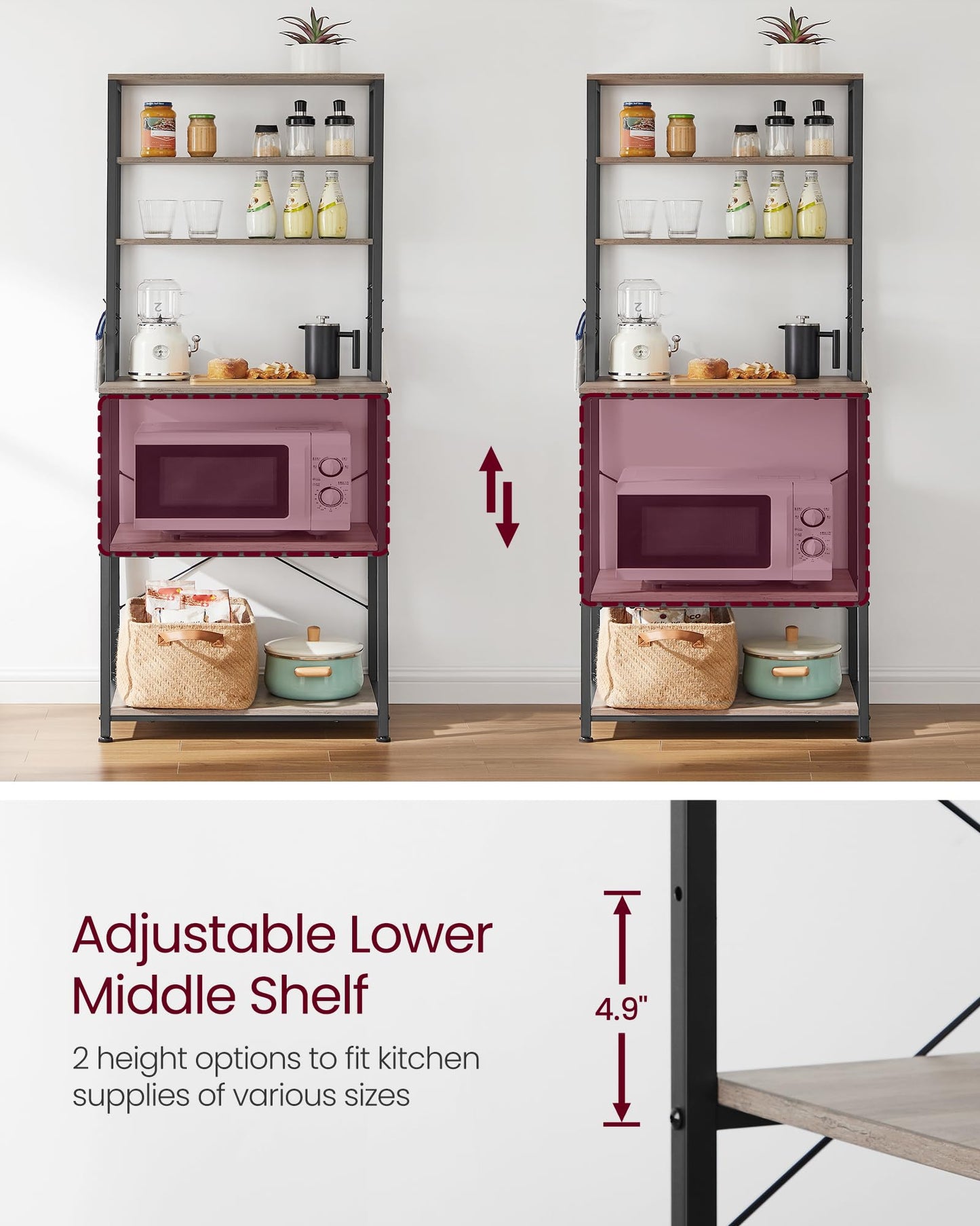 VASAGLE Coffee Bar, 23.6 Inches Baker's Rack for Kitchen with Storage, 6-Tier Kitchen Shelves with 6 Hooks, Microwave Stand, Industrial, Heather Greige and Ink Black UKKS024B02
