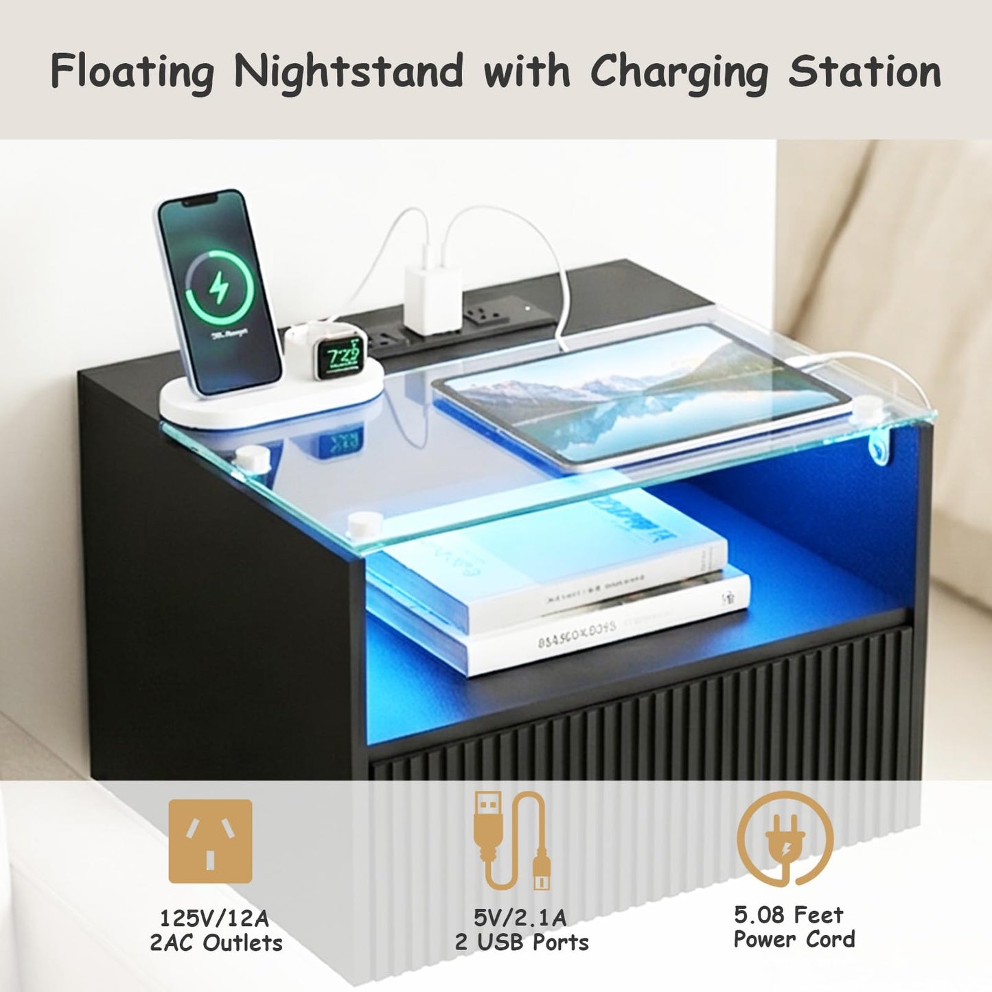 Arbuxzuy Floating Nightstand Set of 2 with Charging Station, Modern Wall Mounted Bedside Table with Drawer & Open Shelf, Made of Minimalist Wood & Glass for Bedroom (Black)