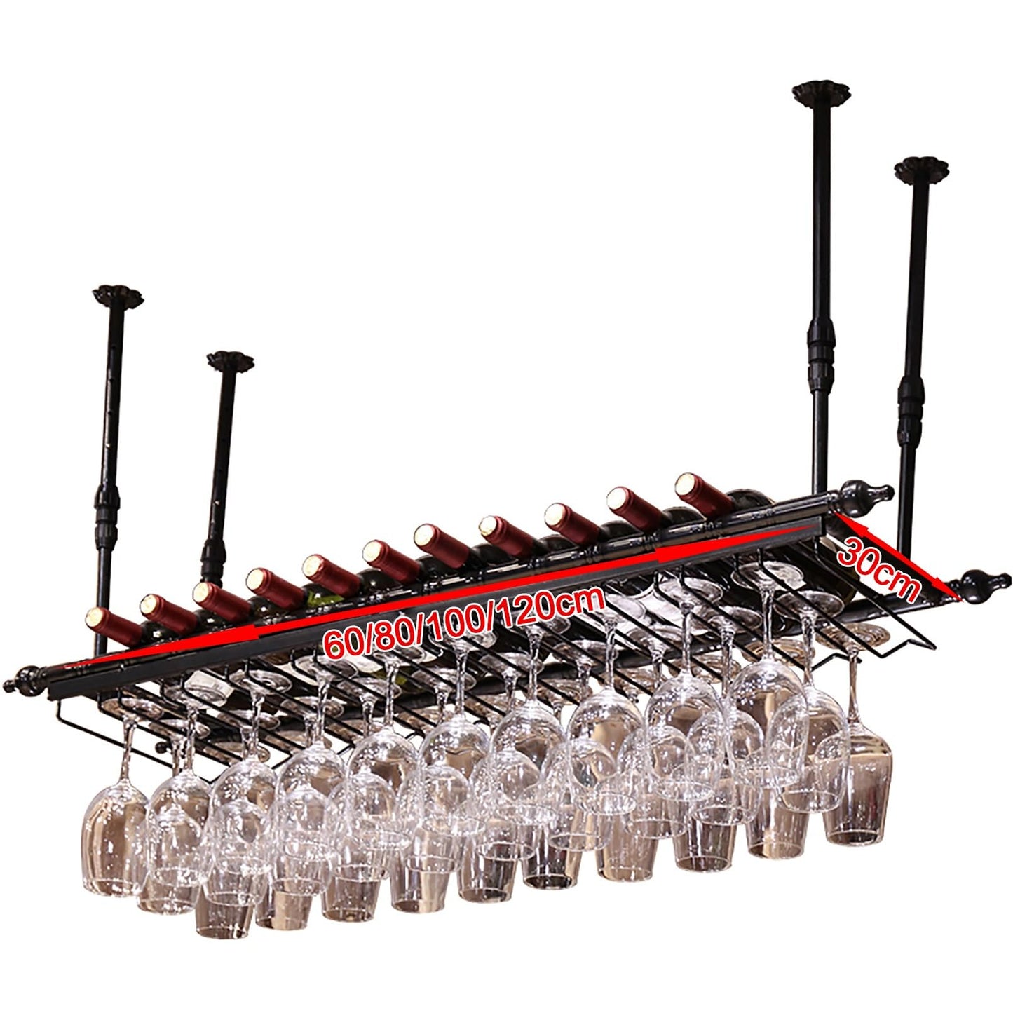 BELELUCKY Ceiling Wine Glass Rack,Hanging Wine Rack With Glass Holder And Shelf,Height Adjustable Metal Ceiling Bar Wine Glass Rack,liquor Bottle Display Shelf For Bars Cafe Kitchen (Color :