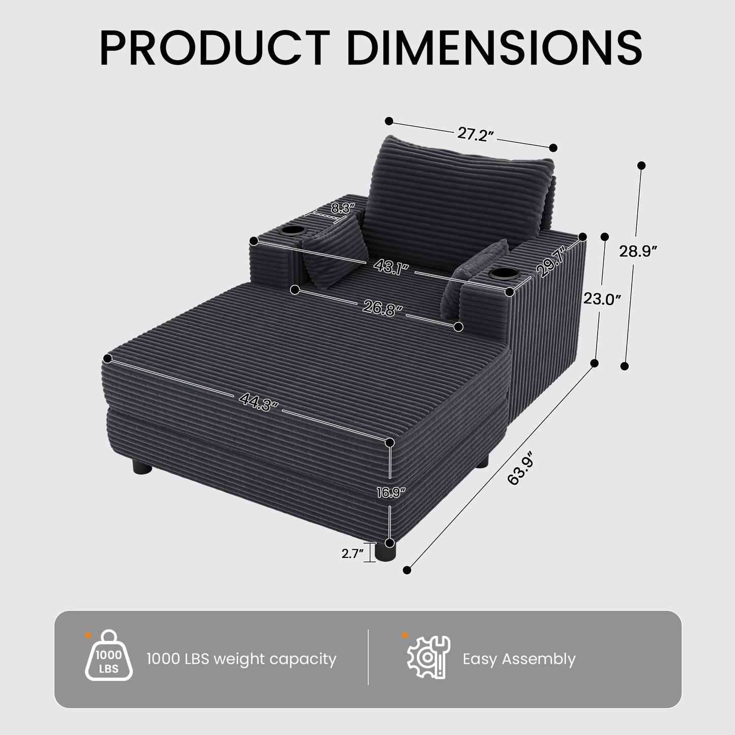 GRUSIGN 64" Chaise Lounge Chair Indoor, Oversized Sleeper Chair with Wood Frame, Corduroy Bedroom Couch, Reading Chair for Living Room, Deep Seat Sofa Bed with 2 Cup Holders