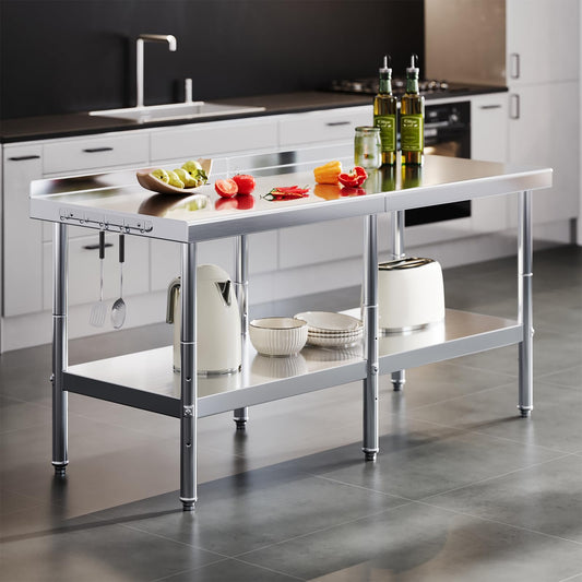 30x72in Stainless Steel Prep Table - NSF Certified Metal Surface with Adjustable Undershelf, Hooks & Backsplash for Home, Restaurant, Hotel & Garage Use