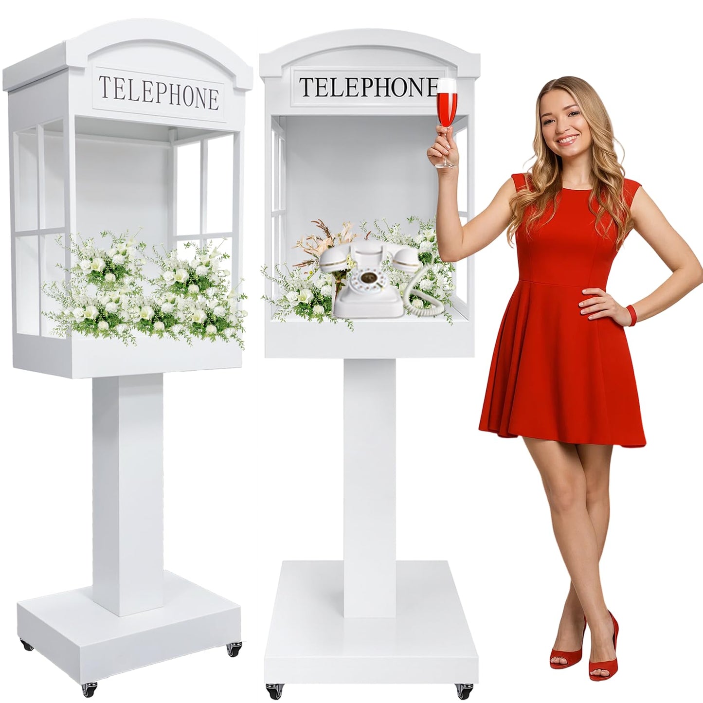 ROOMEDAL Audio Guest Book Phone Booth Stand with Wheels, Romantic Metal Audio Guestbook Telephone Booth for Wedding Birthdays Party Graduation Baby Shower Retirement Special Occasions Decoration