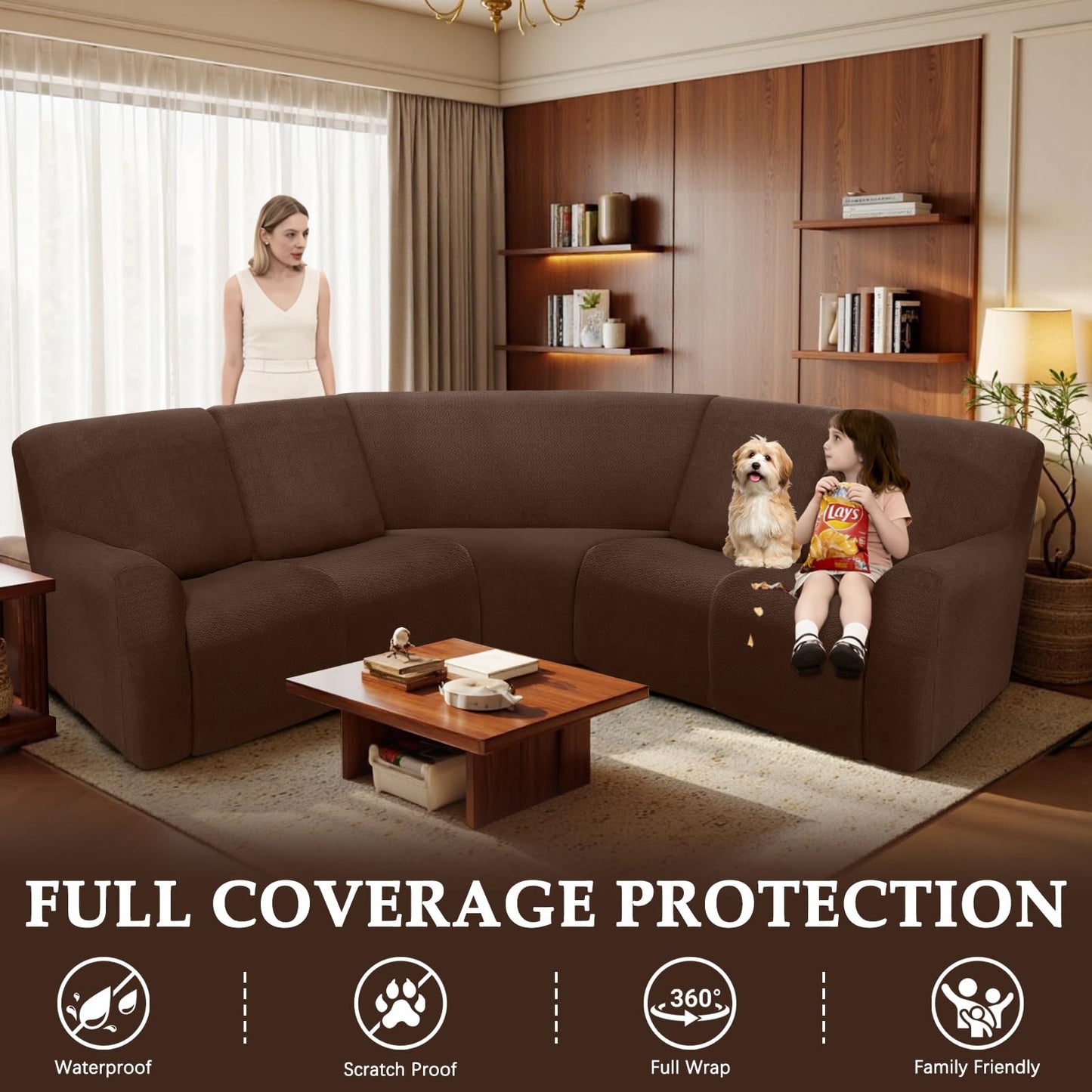 ROFASVCO Reclining Sectional Couch Covers Waterproof L Shape Washable Recliner Sofa Cover for L Shaped Sectional Super Stretch Soft Corner Recliner Slipcovers (5 Seater Cover, Chocolate Brown)