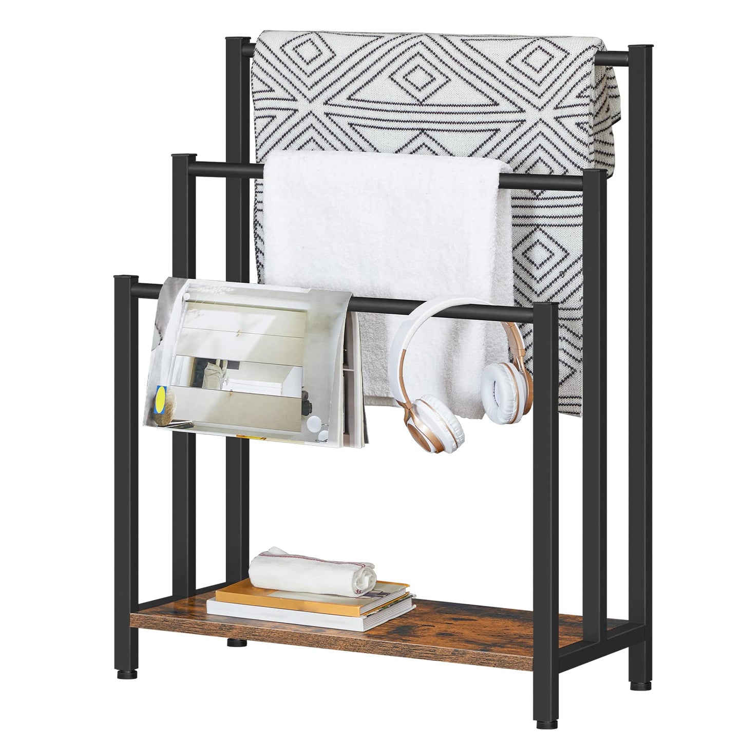 HOOBRO Free Standing Towel Rack, 3 Tier Blanket Rack, Blanket Holder for Bathroom, 23.6" L x 11" W x 31.9" H, Industrial Metal Drying and Display Rack with Shelf, Rustic Brown and Black BF06LB01