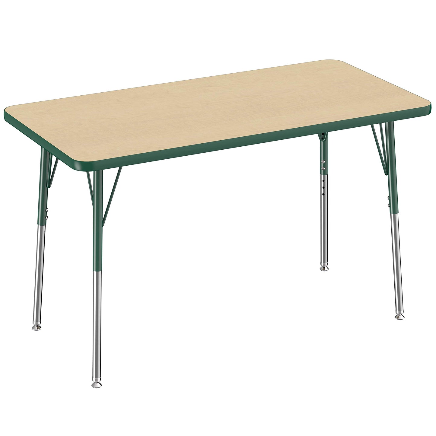 FDP Rectangle Activity School and Office Table (24 x 48 inch), Standard Legs with Swivel Glides, Adjustable Height 19-30 inches - Maple Top and Green Edge