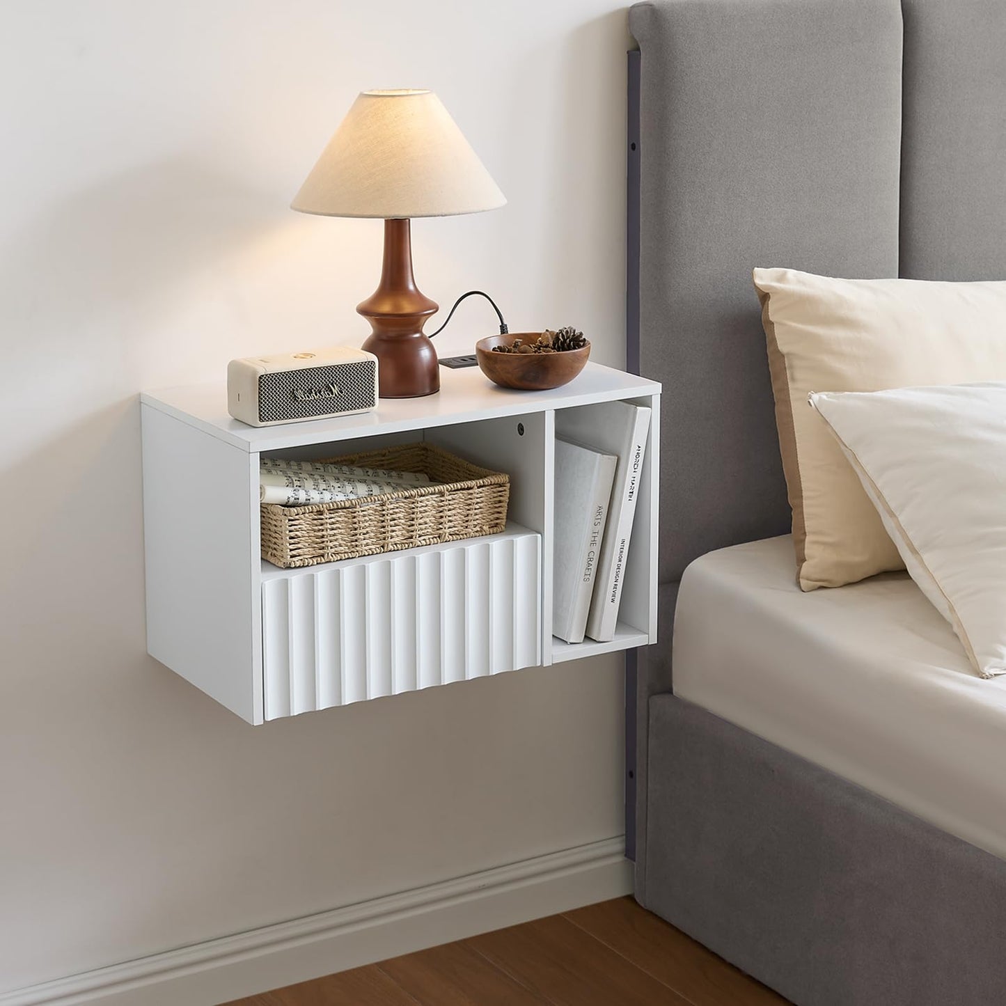BuildHom Modern Matte White Fluted Floating Nightstand with Charging Station, NightStand with Drawers, Bedside with USB Ports and Outlets, Bedroom Furniture (Right)