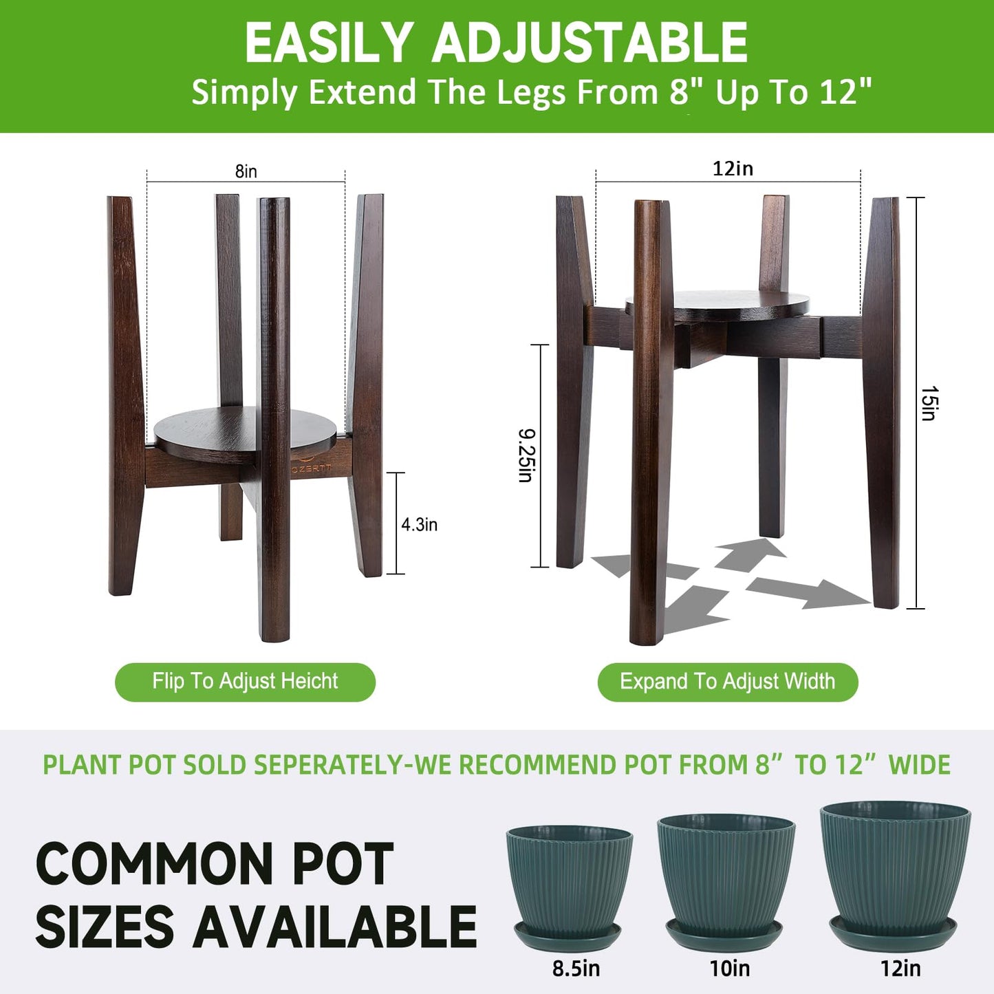 ZIOZERTT Adjustable Plant Stand with Tray,Indoor Wood Plant Stand Fit 8'' to 12'' Planter,Mid Century Modern Flower Pot Holder Rack(Plant and Pot Not Included)