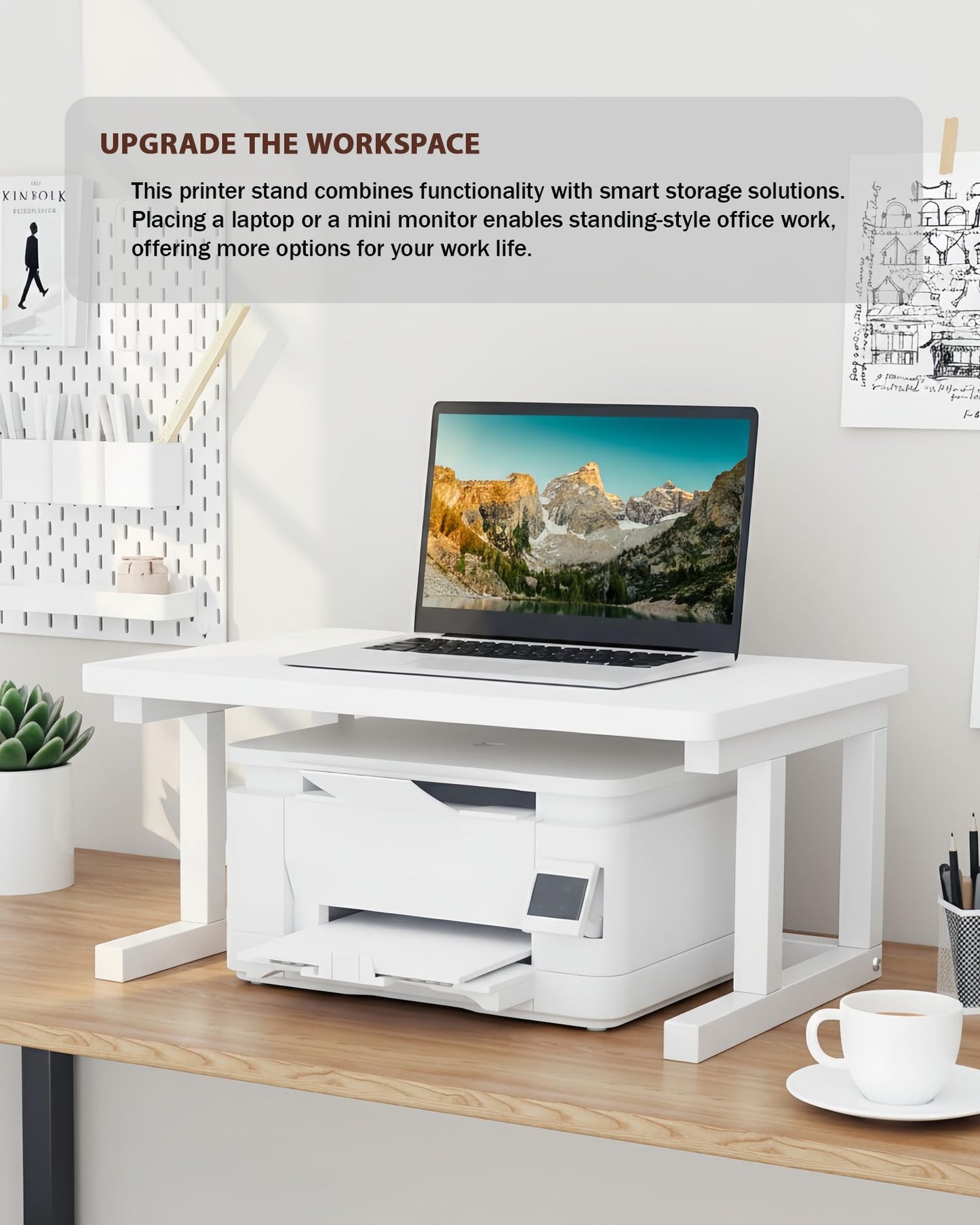 WRITECRY Desktop Printer Stand, 19.7″x 15.7″ 2-Tier Large Printer Shelf fit 3D Laser Printer/Scanner/Fax Machine, Industrial Storage Rack for Home Office Storage, White P5040-W