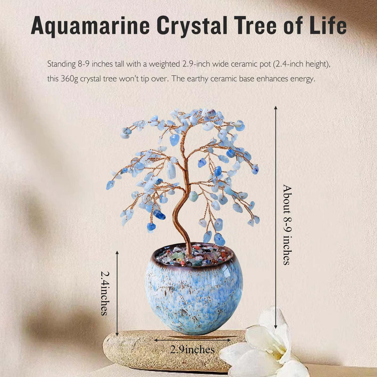 Runyangshi Aquamarine Crystal Tree of Life - 8" Large Natural Chakra Healing Crystal Tree, Bringing Money, Good Luck, Positive Energy for Home Decor, Feng Shui Gifts, Office Desk Ornament
