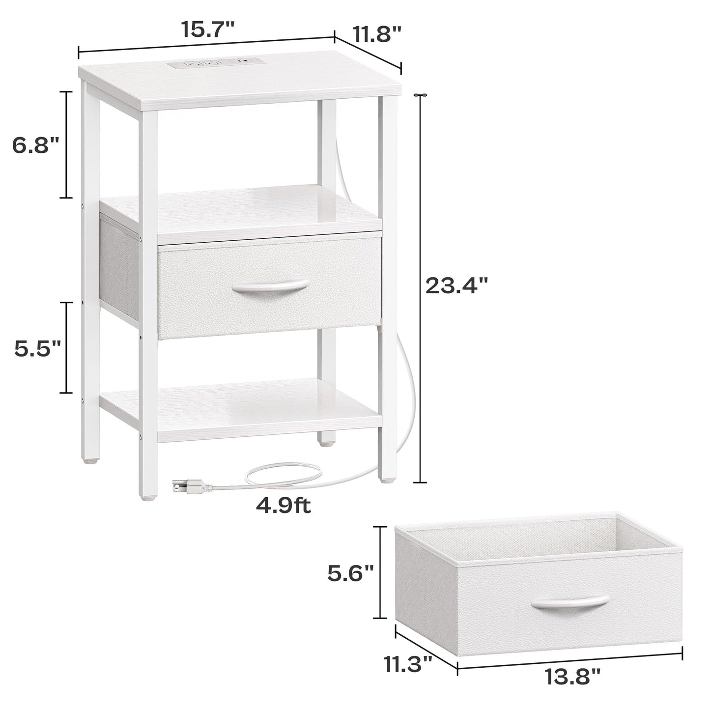 SUPERJARE Nightstand with Charging Station, Bed Side Table with Adjustable Fabric Drawer, Night Stand for Bedroom, 3-Tier Storage End Table, for Living Room, White