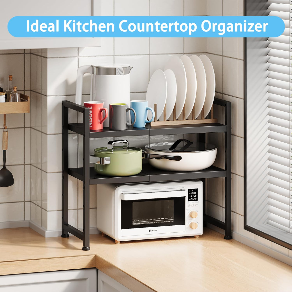 2-Tier Expandable Metal Storage Shelves,150LBS Heavy Duty Shelving Units and Storage For Small Appliance,Adjustable Pots and Pans Organizer Rack Shelf For Kitchen Under Cabinet Pantry Warehouse Garage
