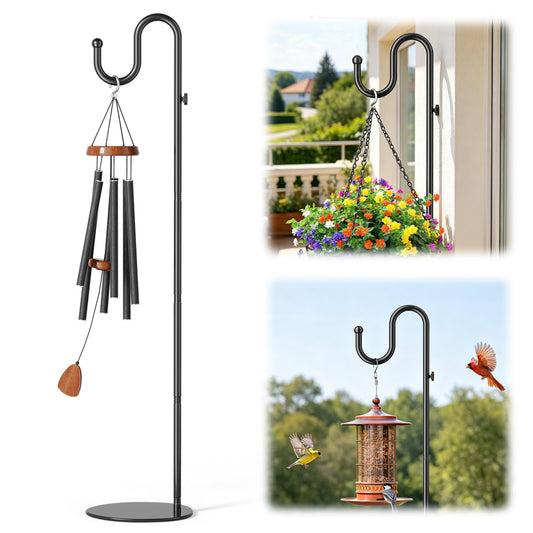 74" Shepherds Hook Stand, Adjustable Wind Chime Stand with Heavy Duty Base, Free Standing Plant Hanger Pole for Bird Feeders, Lanterns, Wreaths & Plants, Indoor Outdoor, Holds Up to 20 LBS, Black