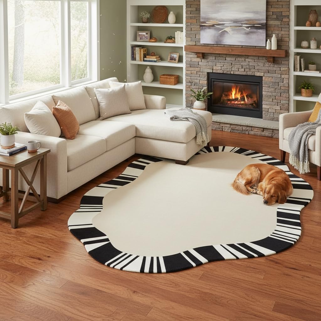 Beige Black White Stripes Irregular Area Rug for Bedroom Living Room Diningroom Non Slip Non Shedding Carpet Mid Century Modern Abstract Shaped Rug Minimalist Home Office Guestroom Floor Mats 5x8