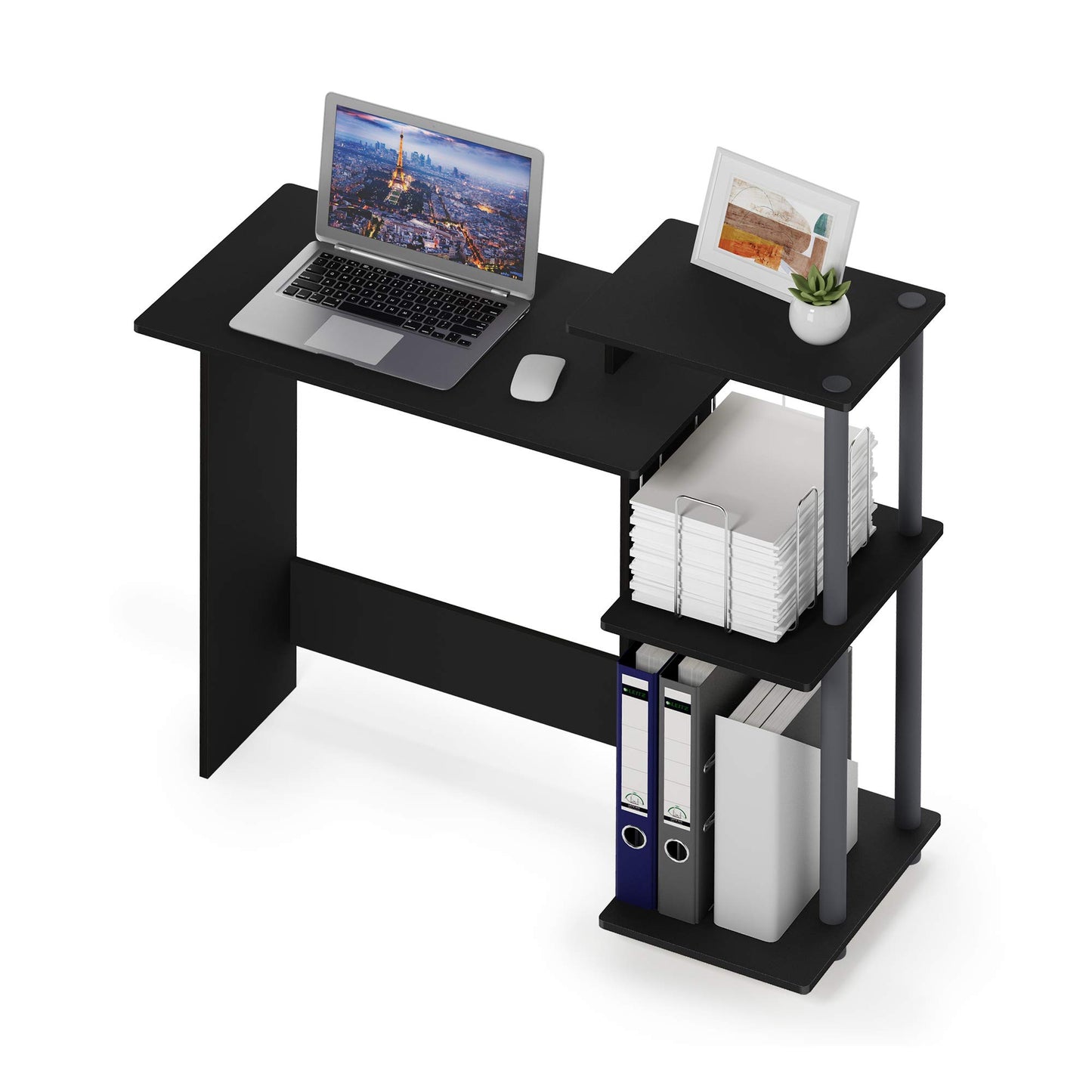 Furinno EFFICIENT Desk, 28.6" Wide Gaming Desk with 3 Open Side Shelves, Laptop Notebook Computer Desk, Office Desk for Home Office, Study Room, Dorm, Bedroom, Black