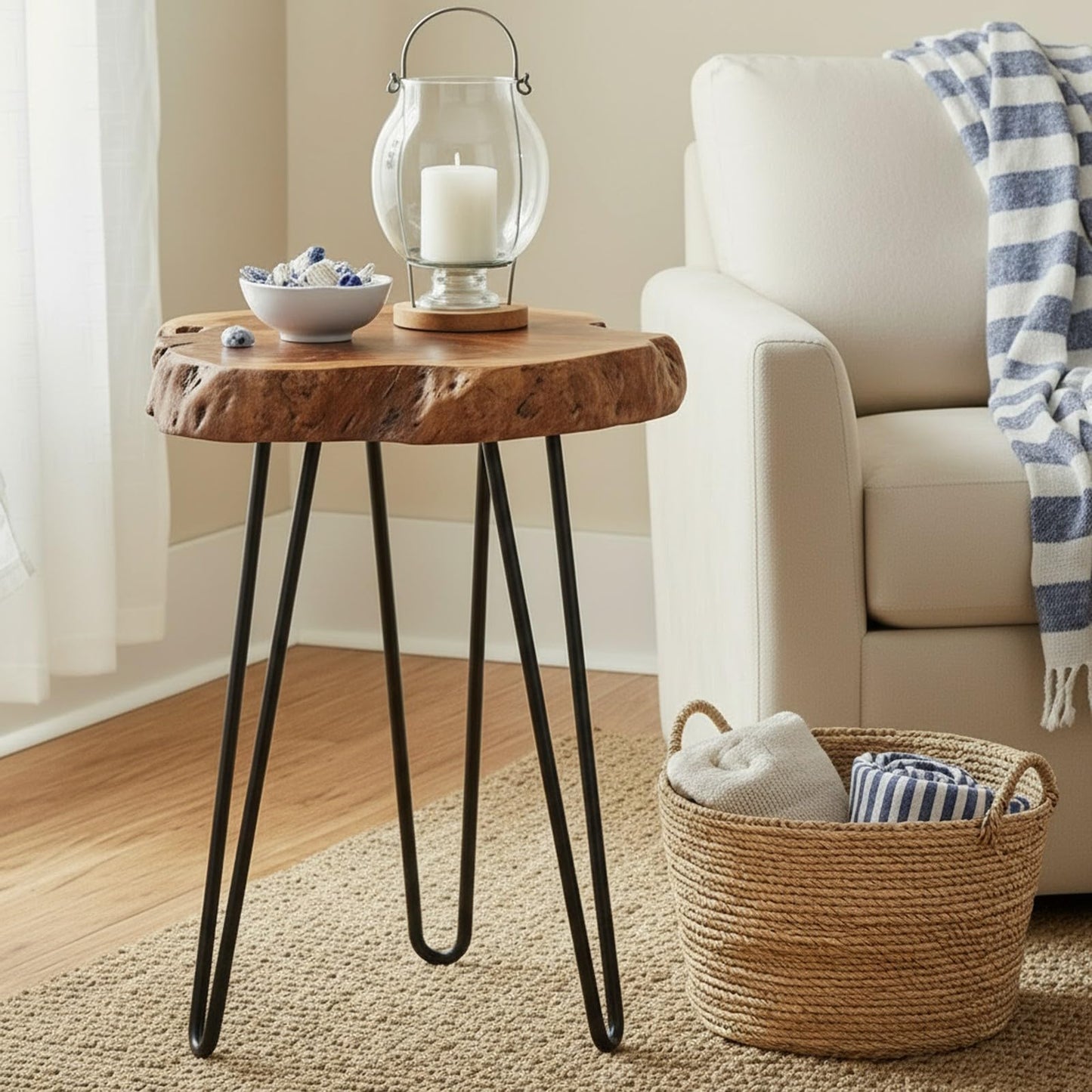 WELLAND Rustic Date Tree End Table Live Edge Side Table 18" W x 15" D x 21" H Accent Table Plant Stand for Living Room Bedroom Home Office Patio (Unique Date Plus)