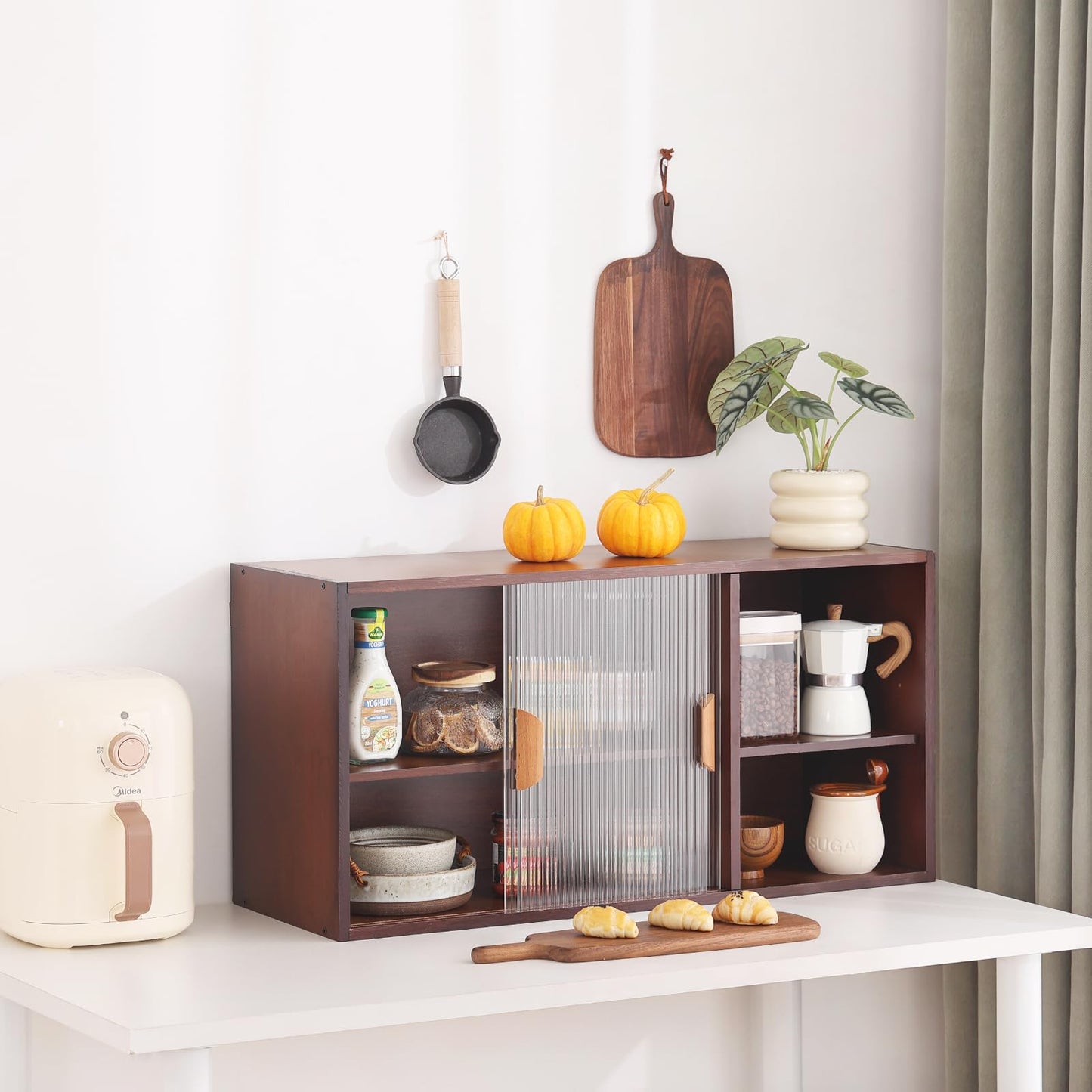 Tiita Small Kitchen Pantry Cabinet, Bamboo Wall Sideboard with Glass Doors, Cupboard Food Pantry Cabinet for Kitchen, Living Room and Dinning Bedroom