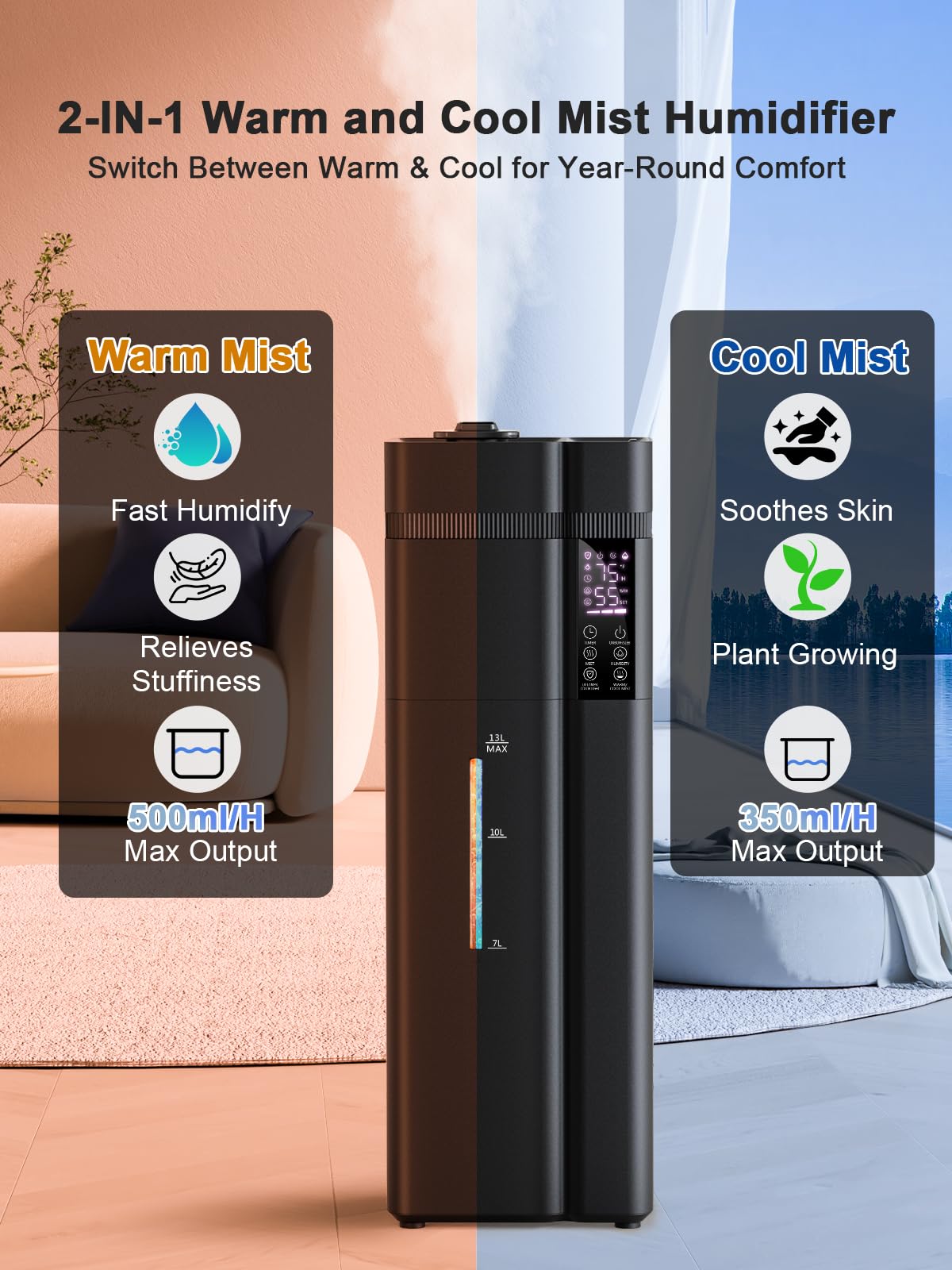 Zeova 13L/3.4Gal Humidifiers for Bedroom, Ultrasonic Warm & Cool Mist Humidifier Large Room, Covers 800ft², 72H Runtime, 24H Timer, 3 Mist Modes Top Fill Quiet Humidifiers for Home, Office, Black