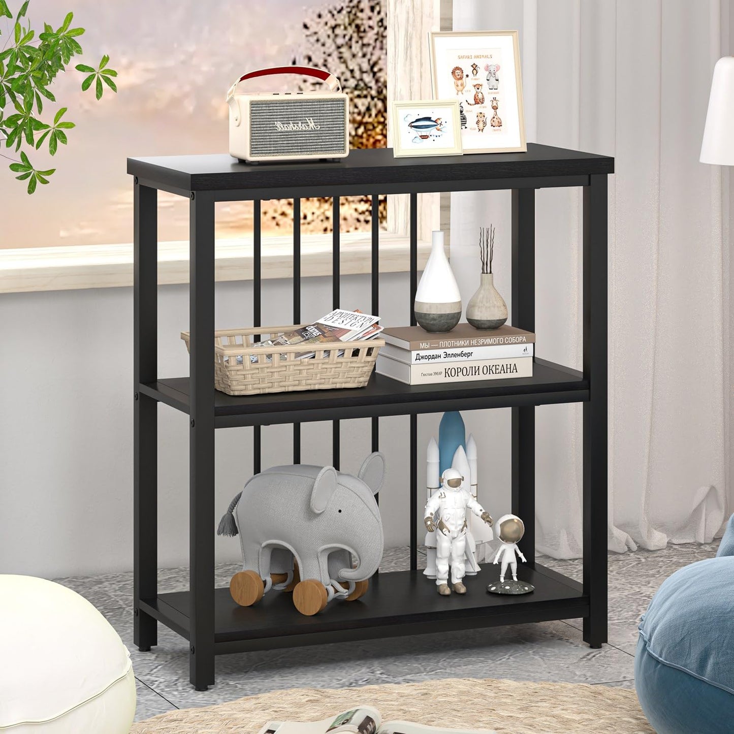 FOLUBAN Bookshelf, Modern 3 Tier Bookcase, Wood and Metal Book Shelves for Living Room Office Bedroom, Rustic Black Oak
