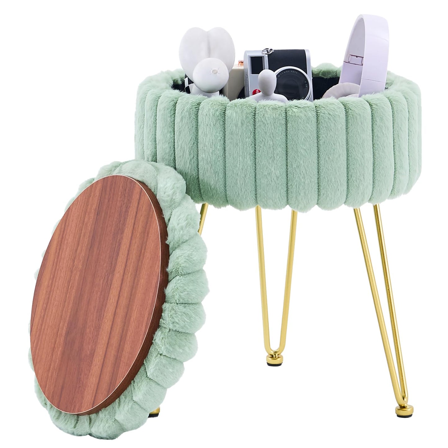 Wimarsbon Vanity Stool with Storage, Faux Fur Ottoman Chair with Metal Legs, Round Makeup Vanity Chair for Bedroom or Dressing Table, Modern Small Ottoman Seat (Green)