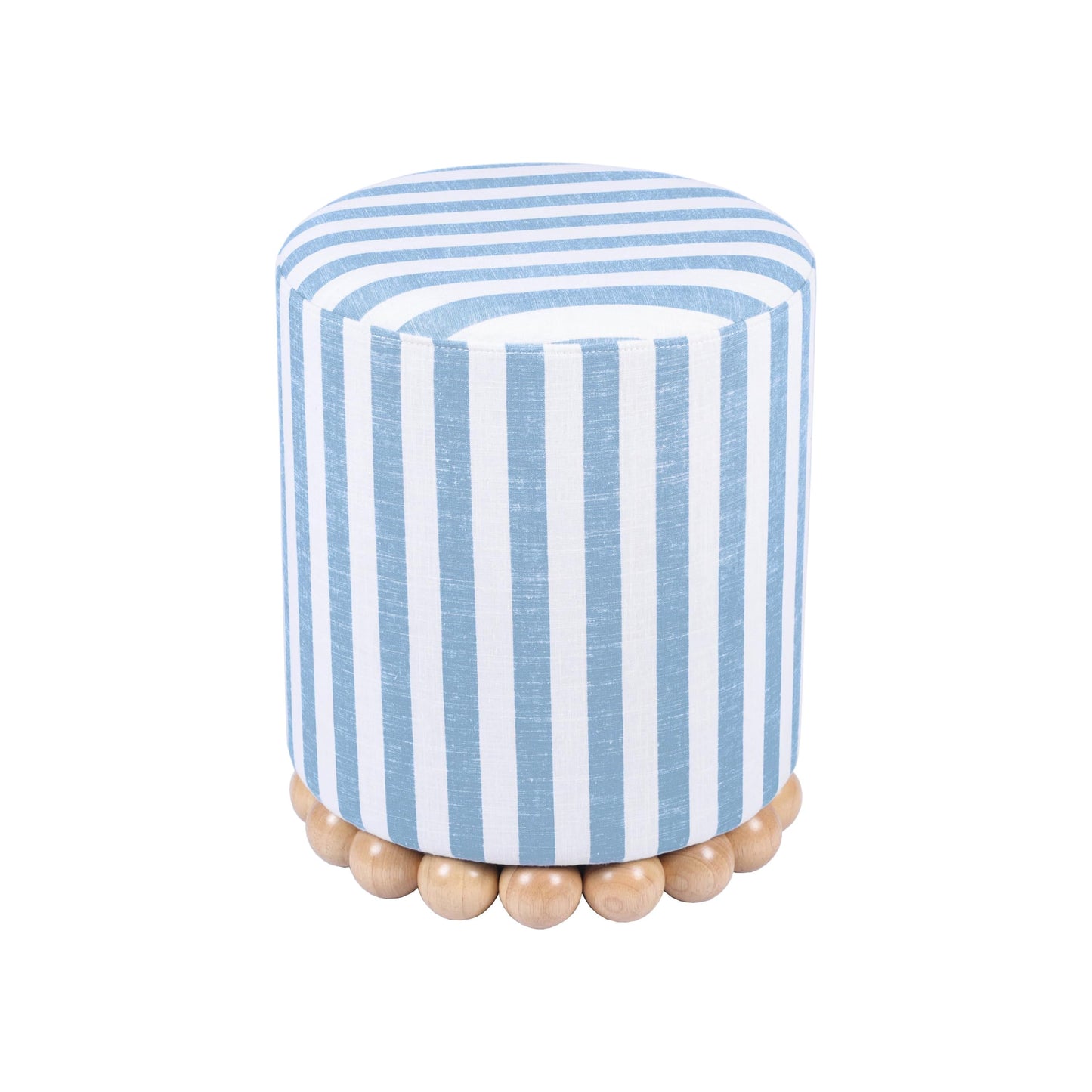 Tov Furniture Dex Pastel Blue Striped Linen Round Ottoman with Wooden Base