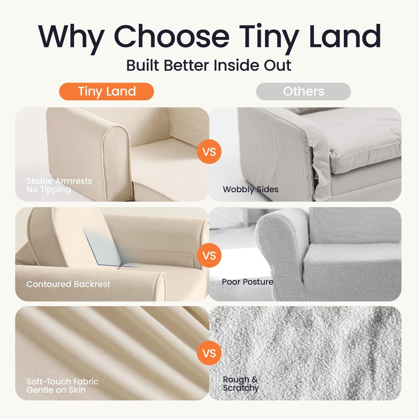 Tiny Land 2-in-1 Foldable Kids Couch with Pockets – Soft Thick Toddler Sofa, Convertible Kids Chair for Playroom, Bedroom or Living Room, Gift for Boys & Girls(Beige)