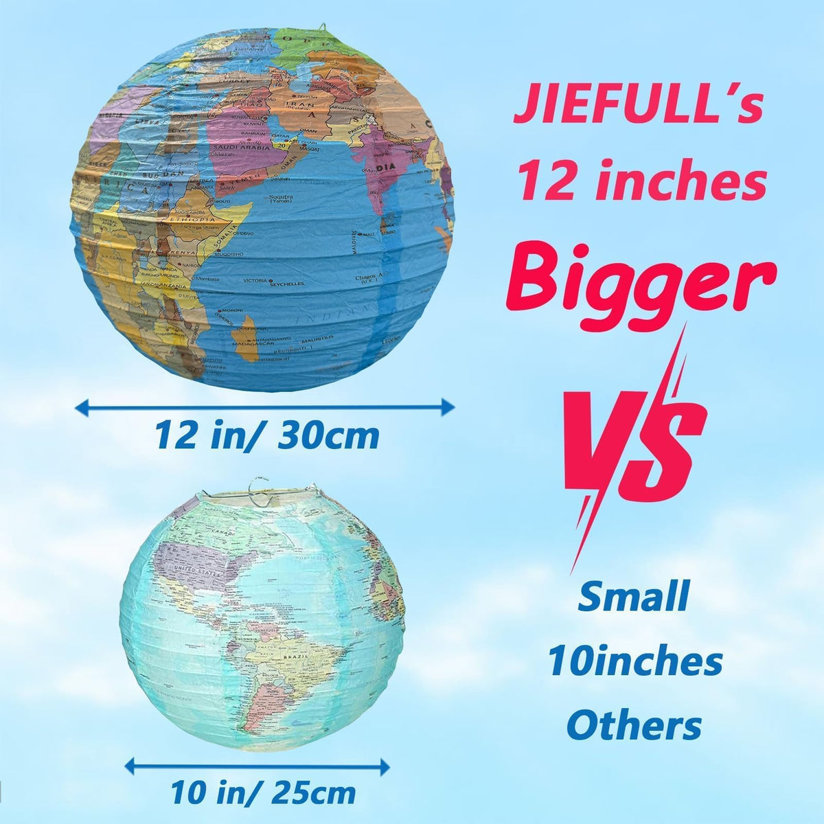 JIEFULL 10 Pack 12 Inch Globe Paper Lanterns for Ceiling Hanging, Large Earth Lantern Around The World Map Decorations