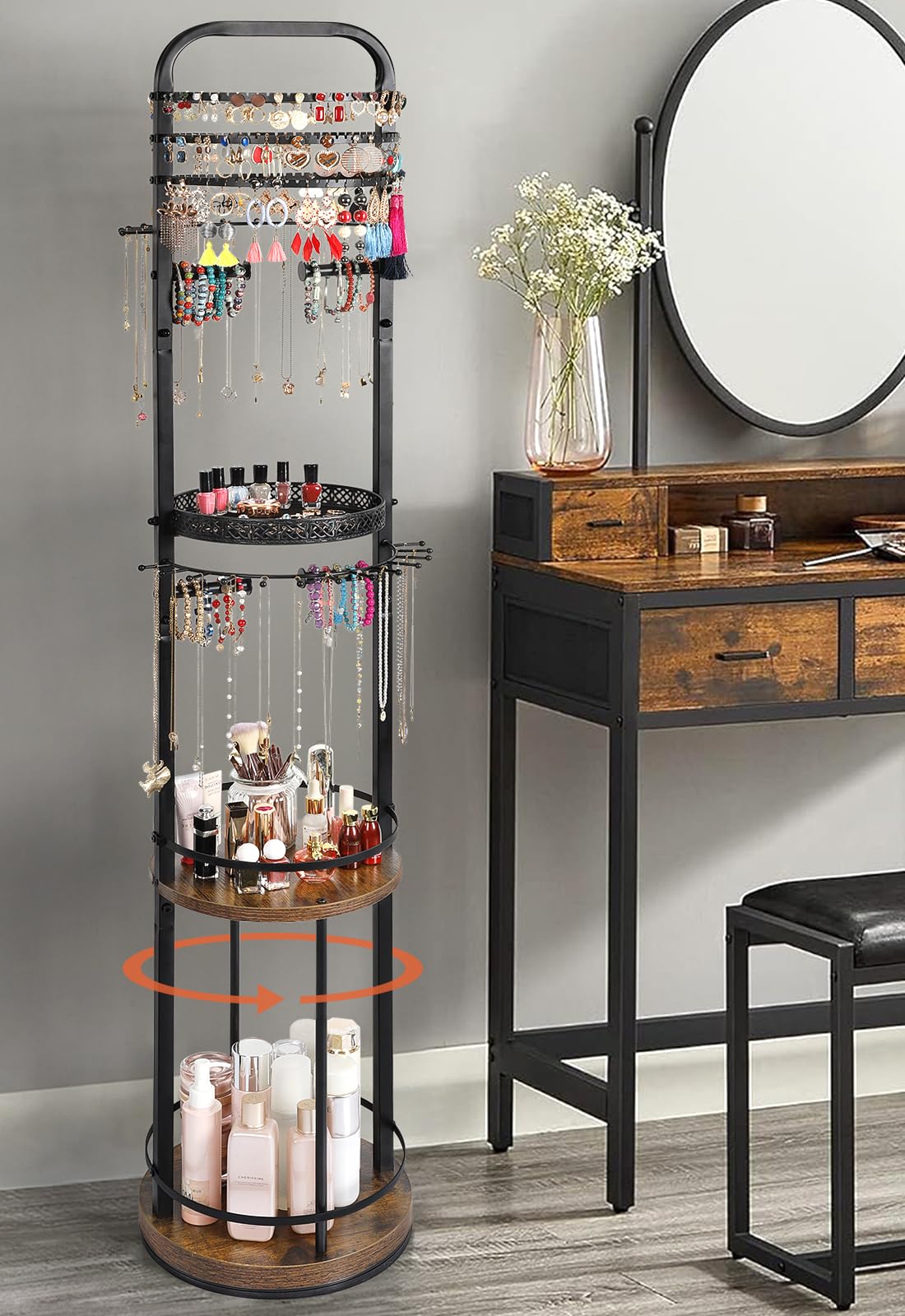 Jewelry Holder Organizer, Floor Jewelry Organizer with Earring Organizer Necklace Holder, Rotating Jewelry Stand Necklace Display Earring Storage, Large Hanging Jewelry Tree for Jewlery Bracelet Ring